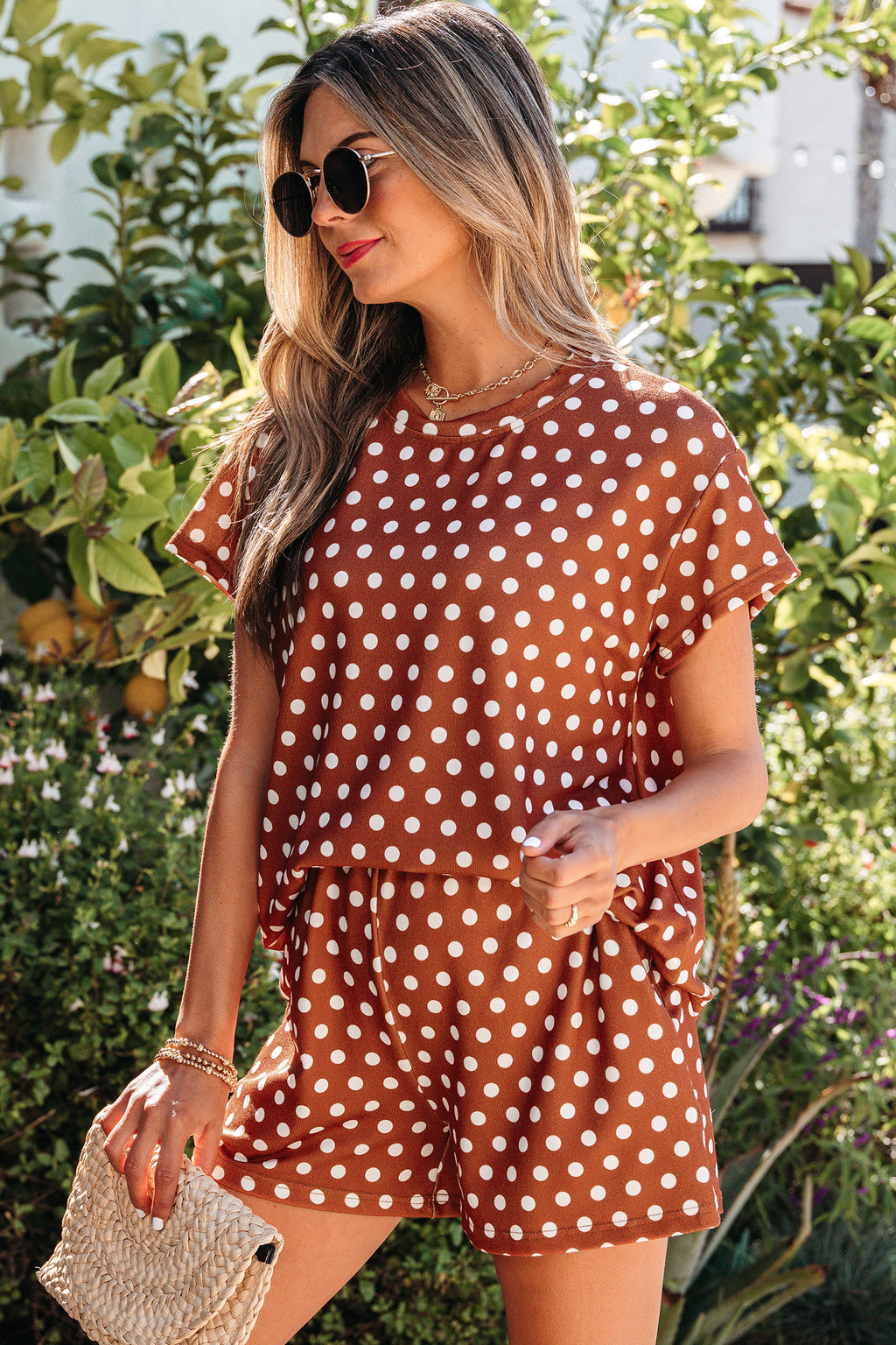 Women's Polka Dot Print Short Sleeve Top & Shorts Co-ord Set S-2XL at LivelyLooks