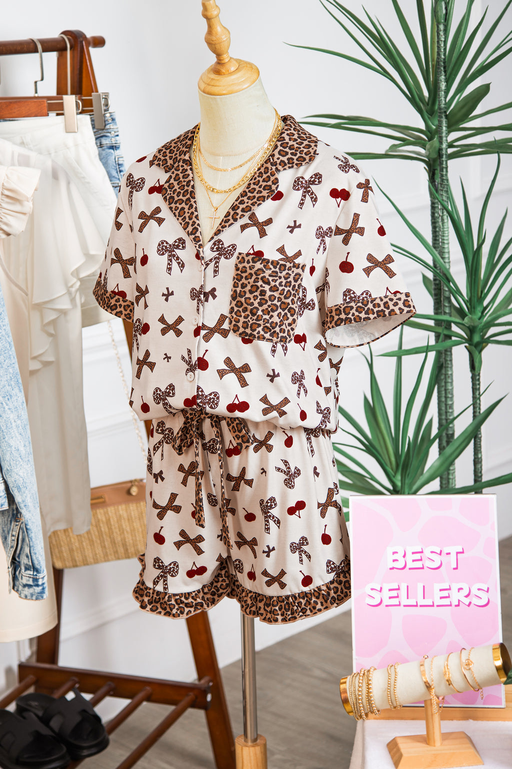 LivelyLooks White Cherry Print Leopard Patchwork PJ Set Bow Shirt and Drawstring Shorts Pyjamas women's fashion