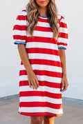 Red Stripe Contrast Trim Round Neck Puff Sleeve Shift Mini Dress S-XL