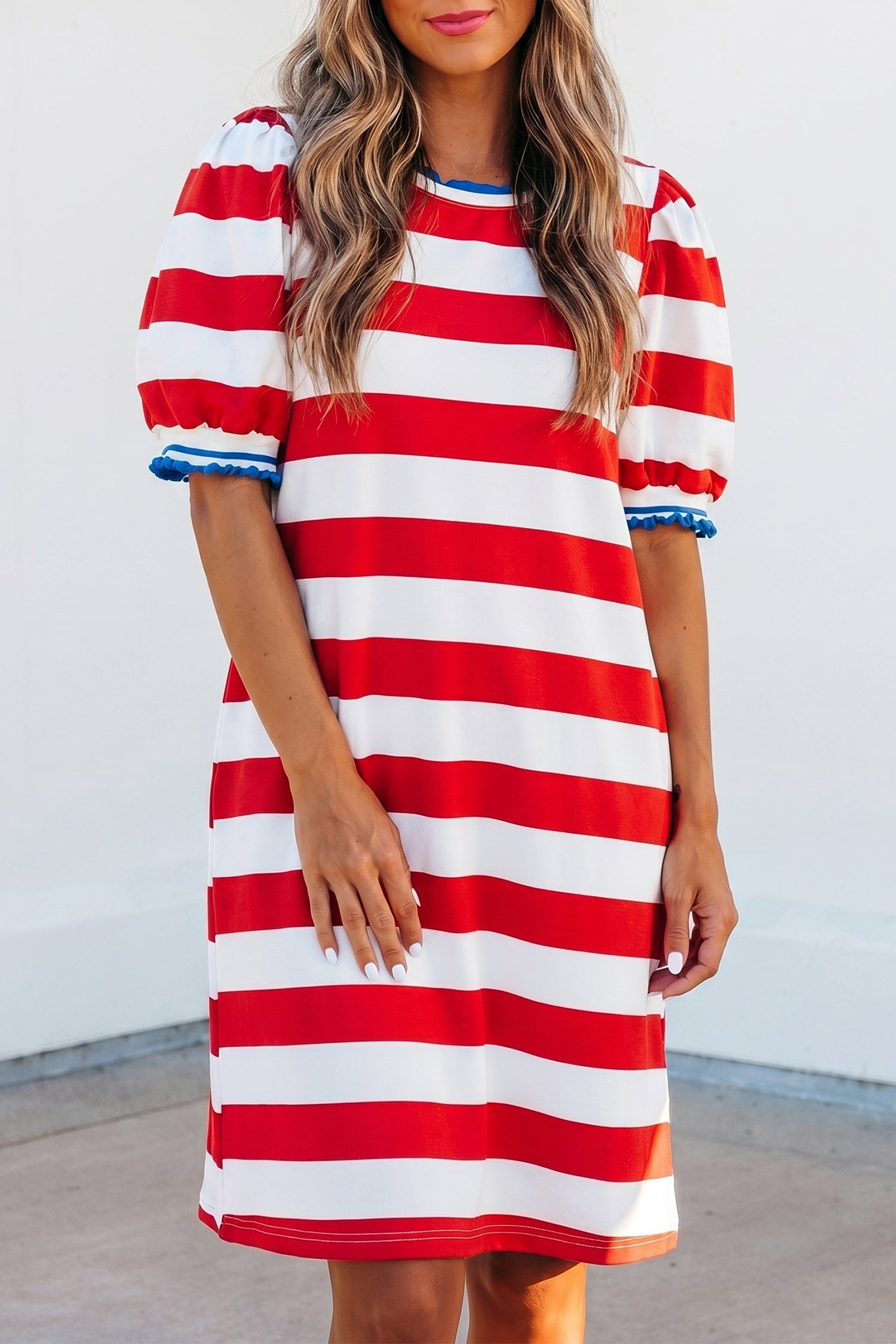 Red Stripe Contrast Trim Round Neck Puff Sleeve Shift Mini Dress S-XL