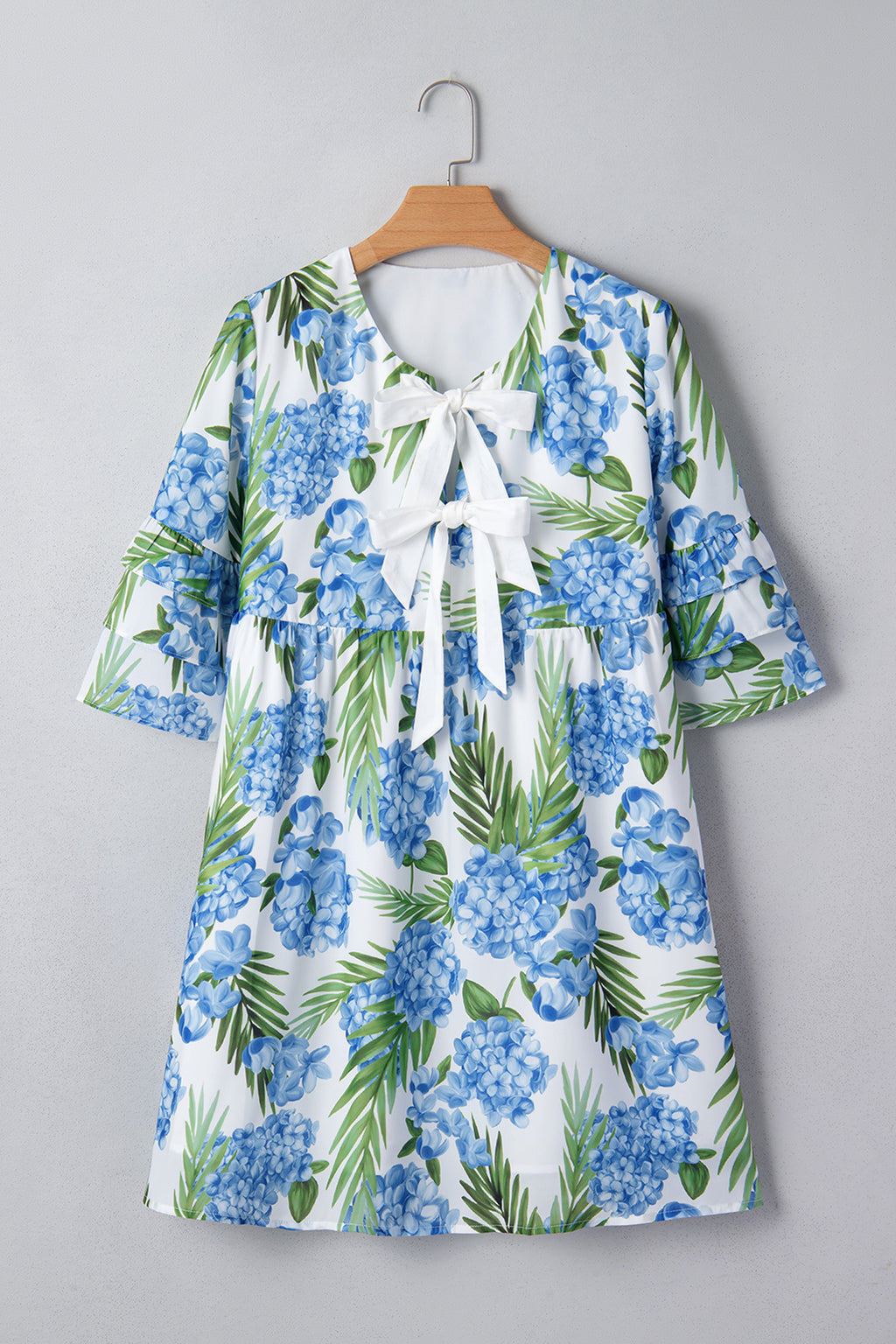 Sky Blue Palm Floral Print Contrast Ribbon Knot Ruffle Sleeve Mini Dress | UK 8–22