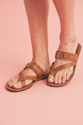LivelyLooks Chestnut Cross Toe Metal Buckle PU Leather Flat Sandals women's fashion