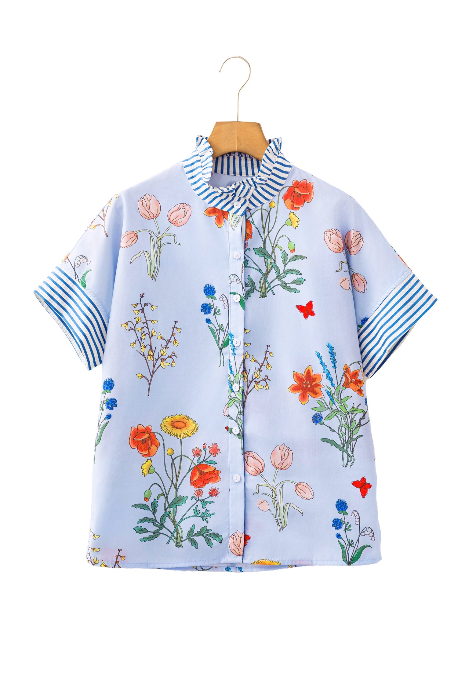 Floral Striped Ruffled Collar Shirt Short Sleeve Beige Sky Blue UK 8-22