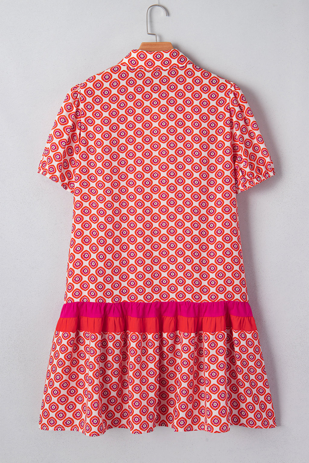 Orange Geometric Floral Colour Block Trim Button Front Ruffle Hem Dress S-XL