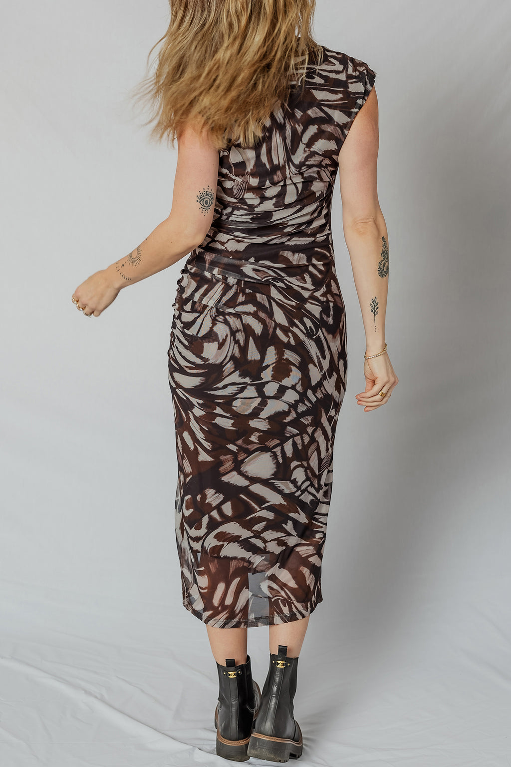 Brown Abstract Print Mesh Cowl Neck Ruched Midi Dress with Slit S-XL