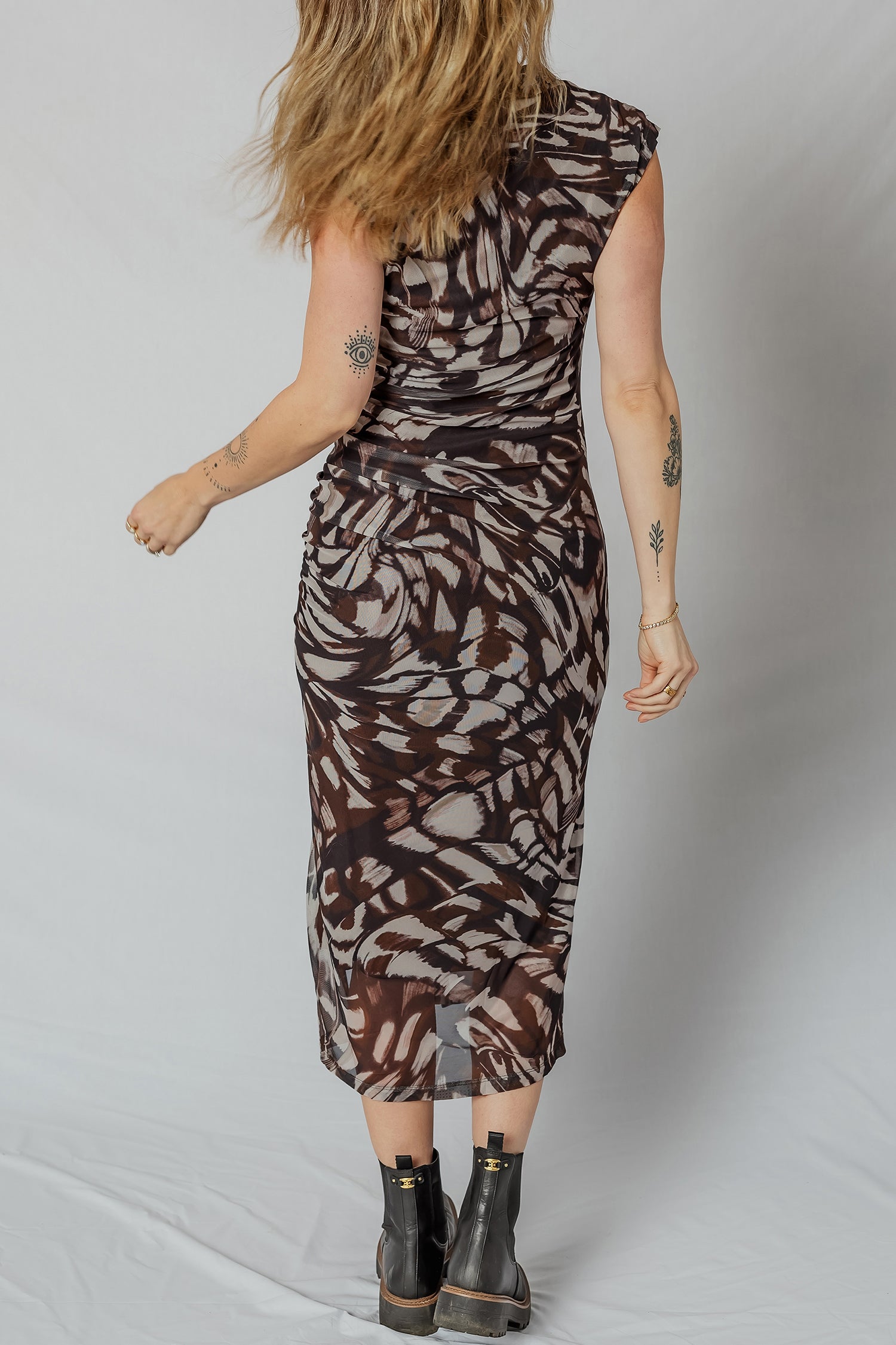 Brown Abstract Print Mesh Cowl Neck Ruched Midi Dress with Slit S-XL