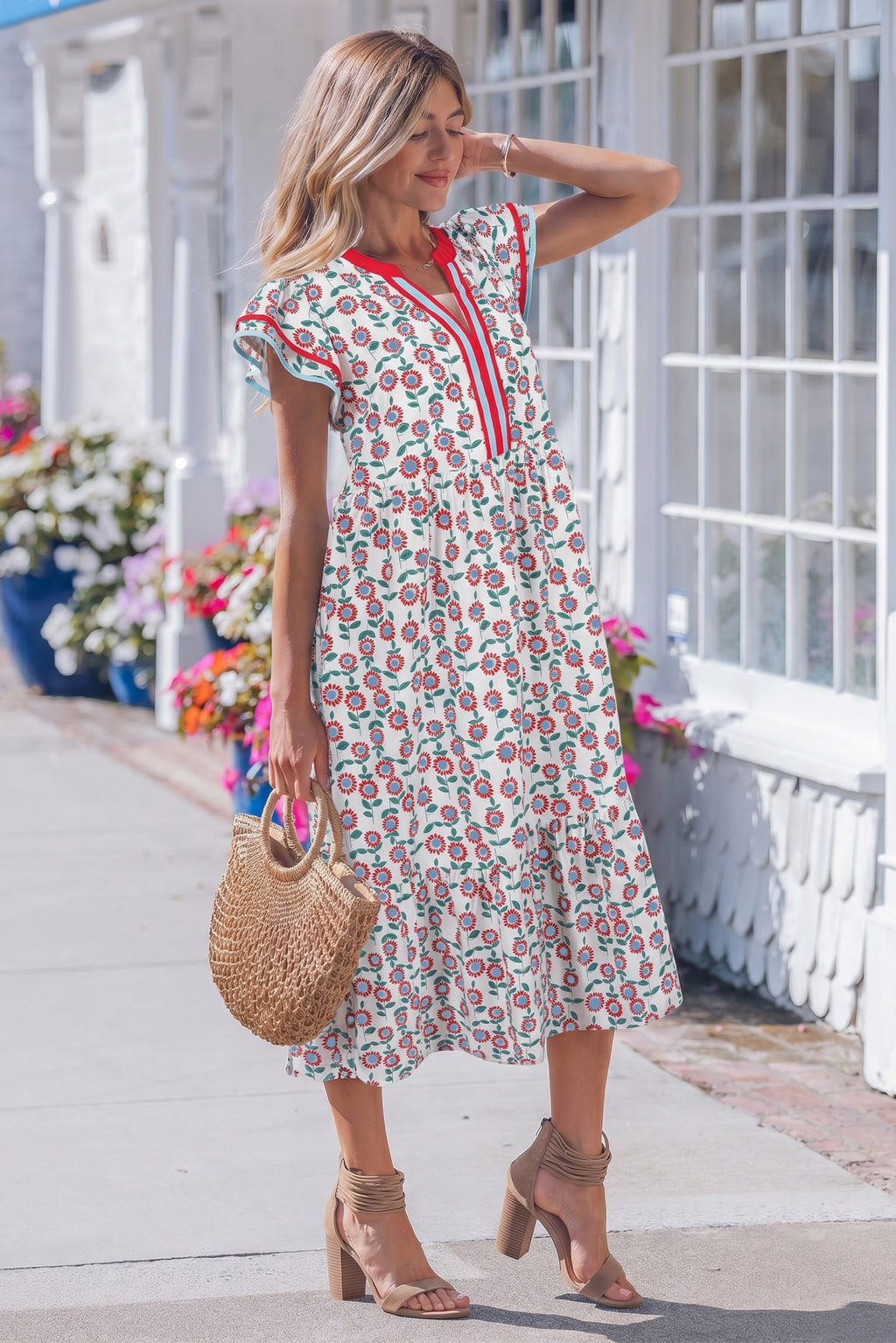 Sunflower Print Flutter Sleeve Maxi Dress Striped Trim Sky Blue Red UK 8-22