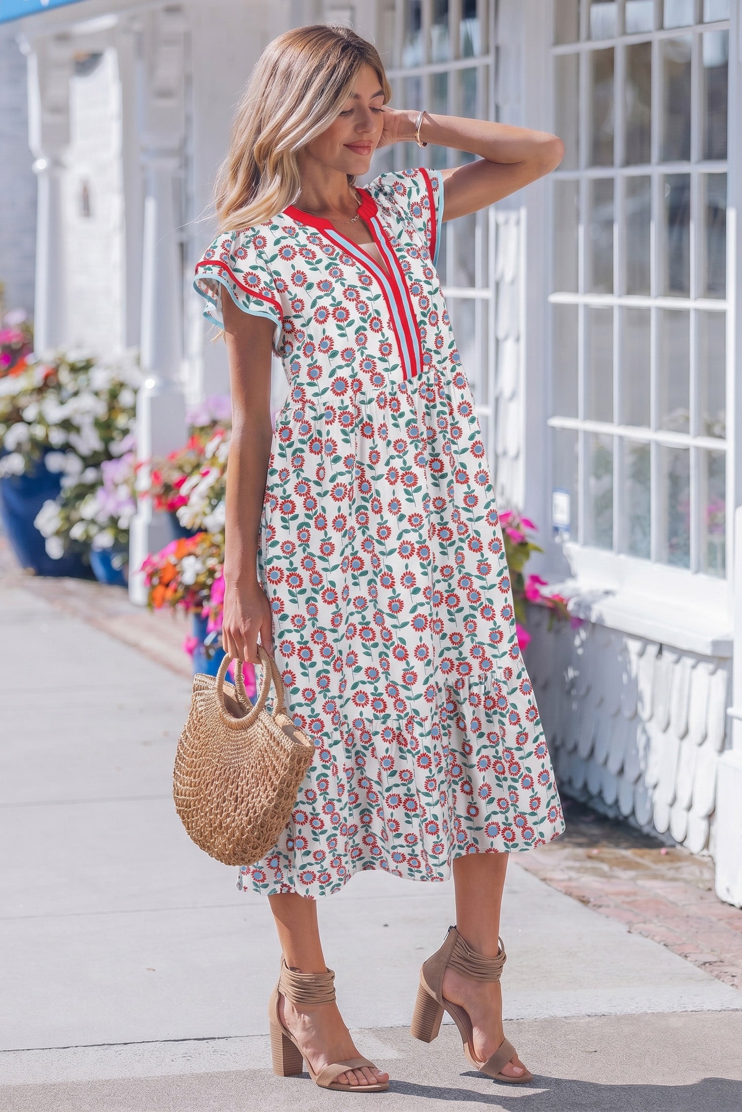 Sunflower Print Flutter Sleeve Maxi Dress Striped Trim Sky Blue Red UK 8-22