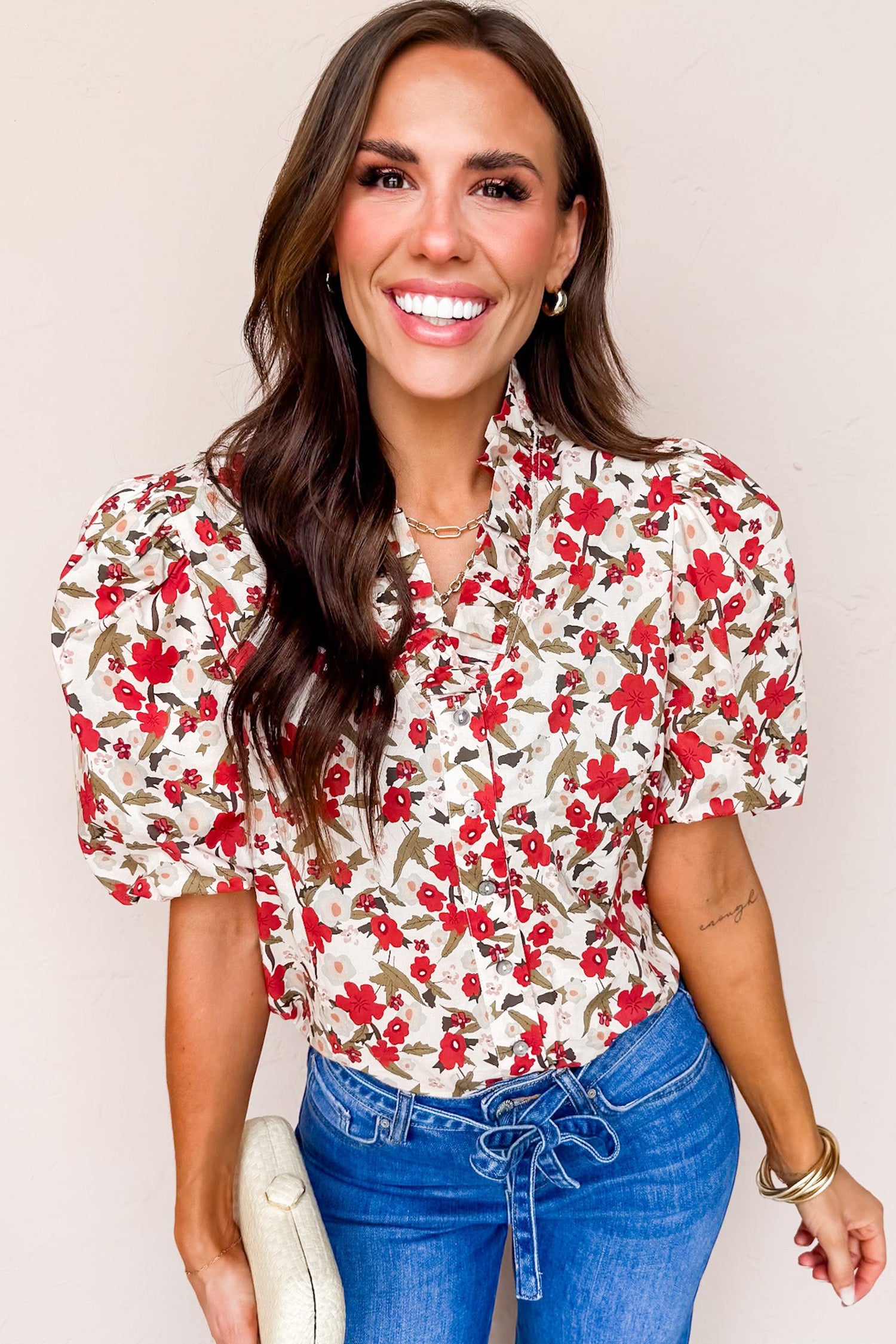 Shop Red Floral Print Short Puff Sleeve Button Front Shirt at LivelyLooks