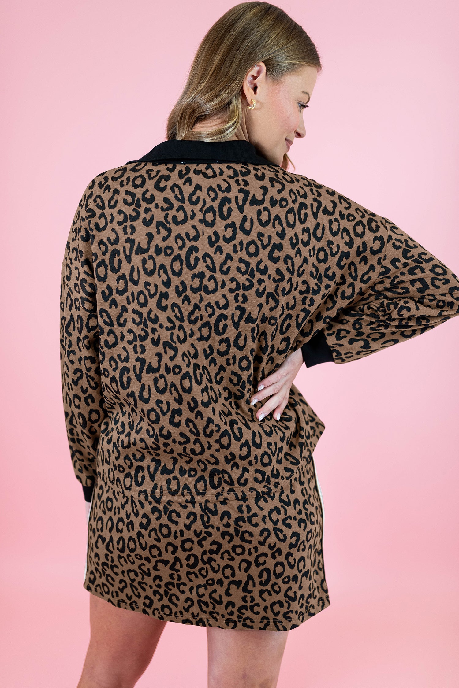 LivelyLooks Khaki Leopard Print Quarter Zip Top & Mini Skirt Set Women's S-XL women's fashion