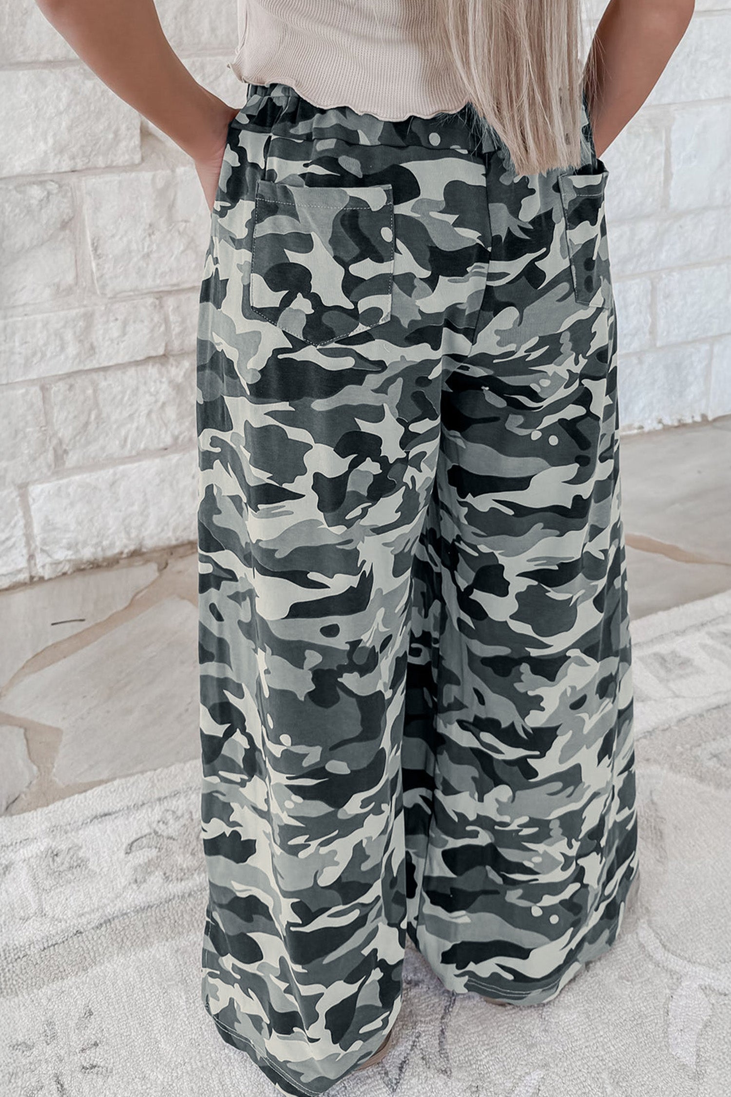Green Camouflage Print Casual Trousers Drawstring Elastic Waist Women S-XL