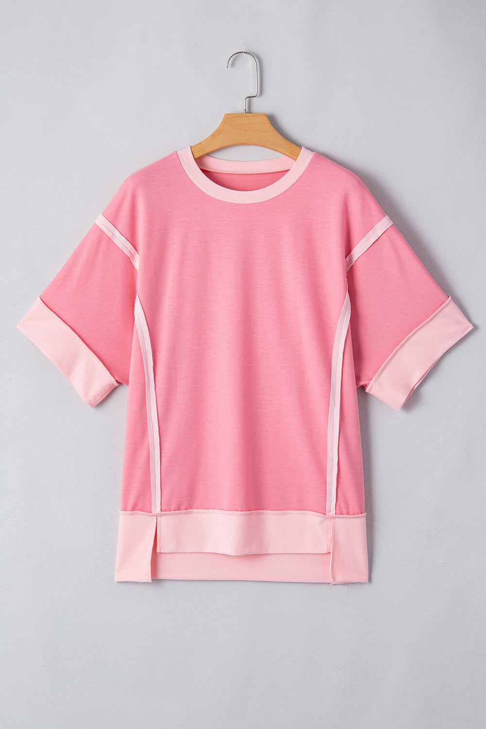 Peach Blossom Half Sleeve Raw Seam High-Low Side Split Top