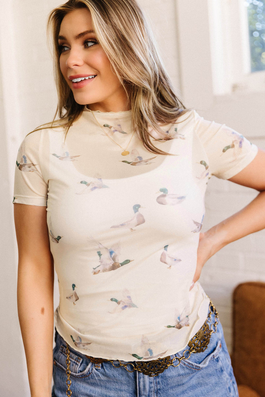 Beige Mallard Print Sheer Mesh Top Short Sleeve Women S-XL