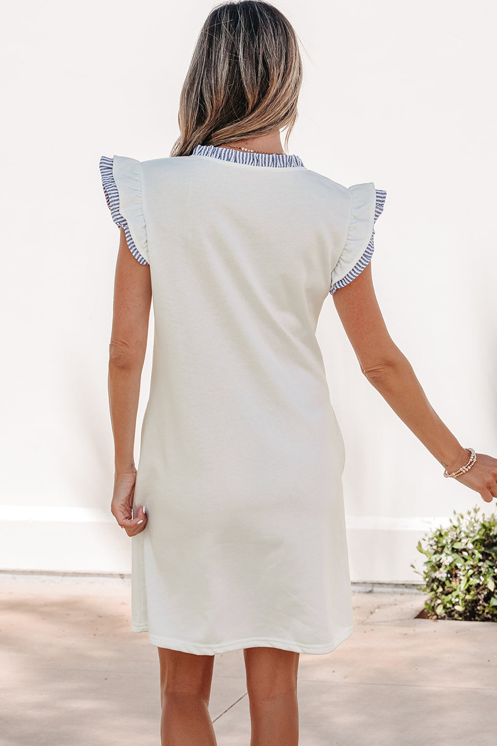 Women's White Stripe Patchwork Split Neck Ruffle Trim Sleeveless Mini Dress at LivelyLooks