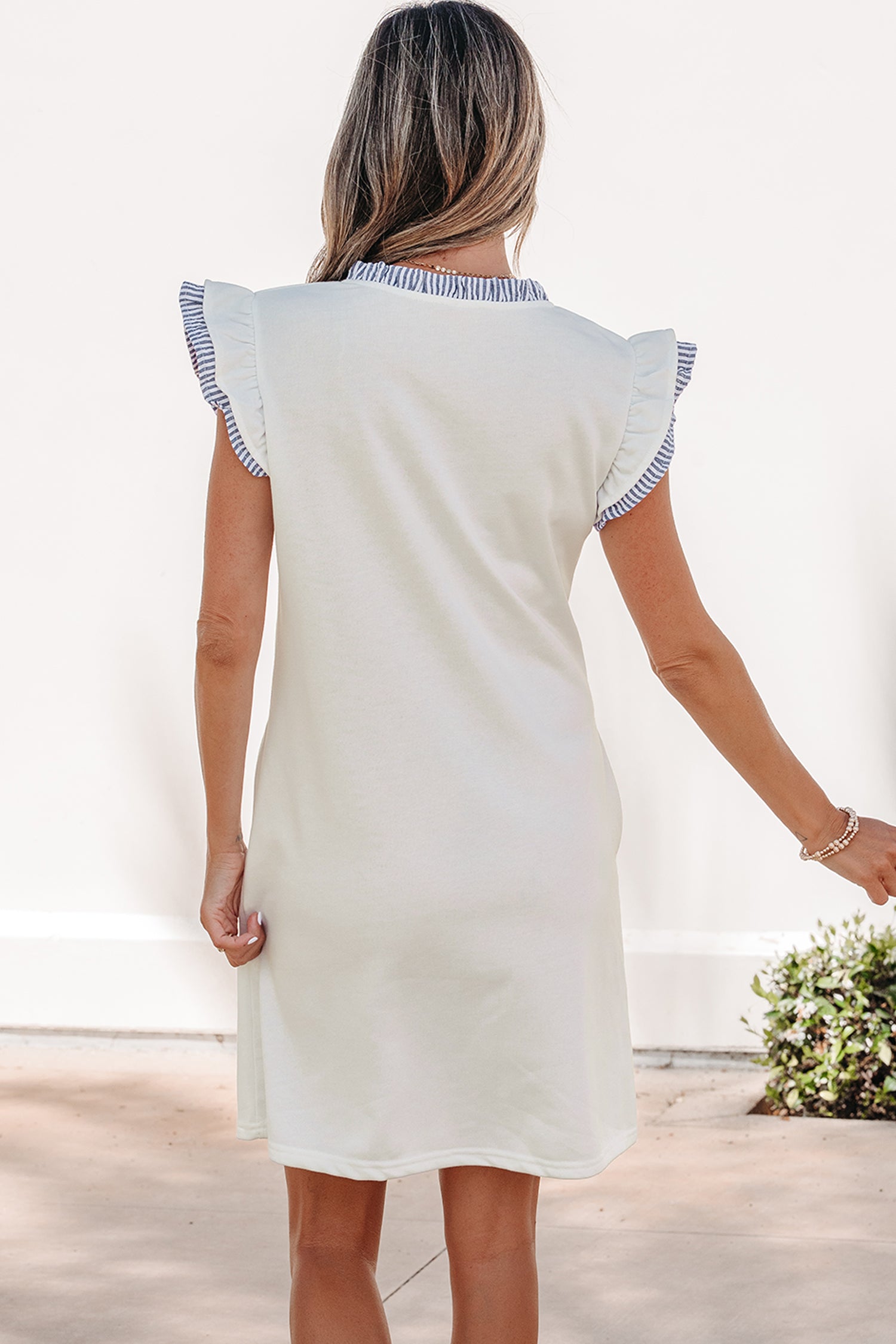 Women's White Stripe Patchwork Split Neck Ruffle Trim Sleeveless Mini Dress at LivelyLooks