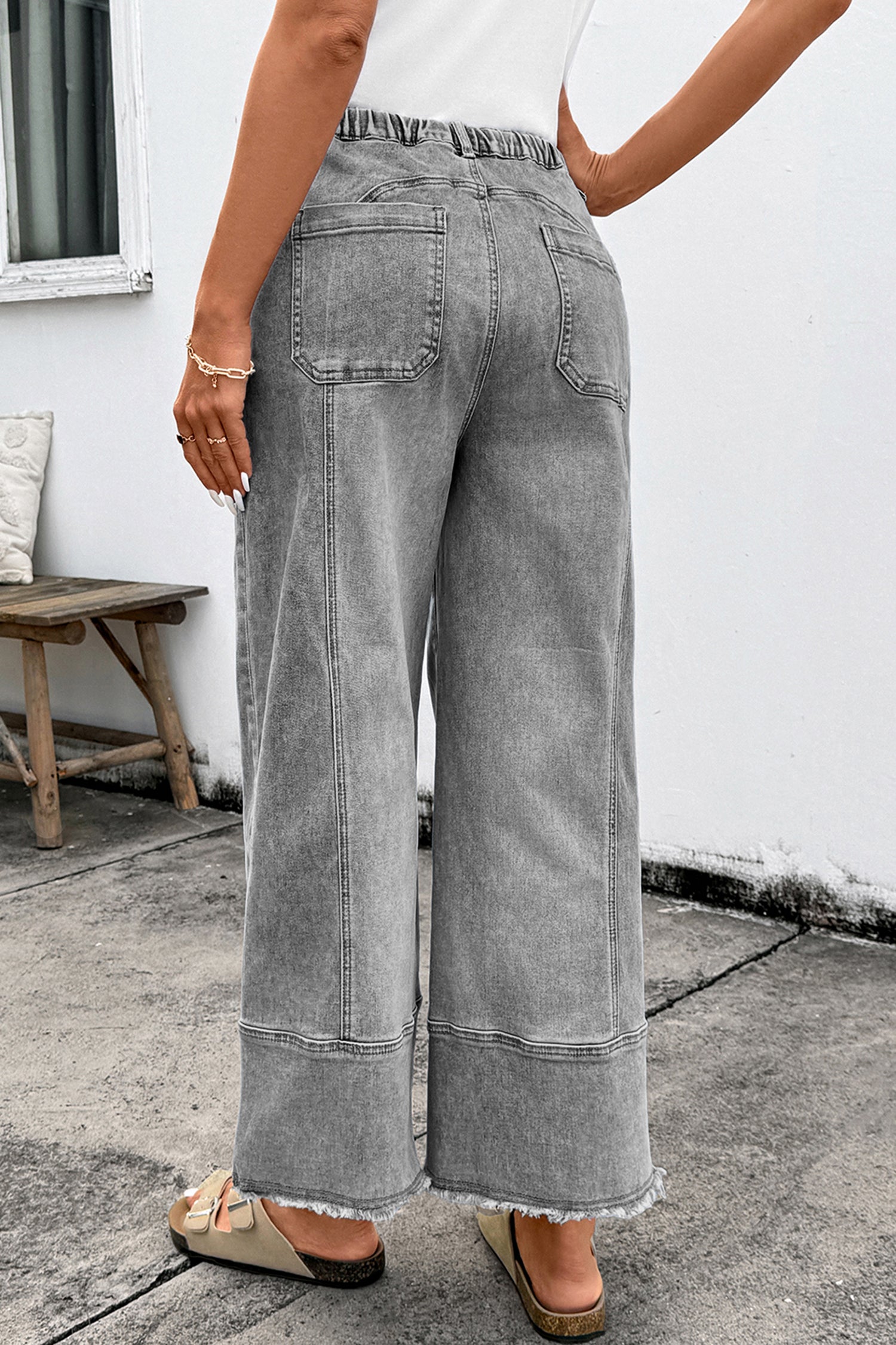 Shop Drawstring Seam Detail Raw Hem Wide Leg Denim Jeans UK 8-22 at LivelyLooks