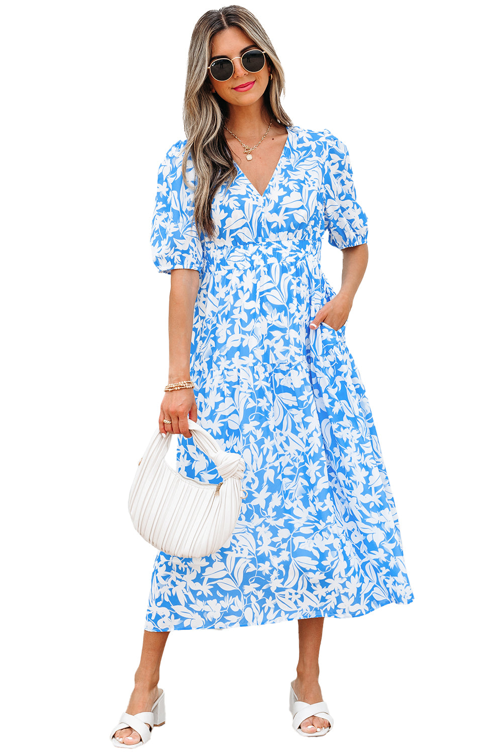 LivelyLooks Blue Floral V-Neck Puff Sleeve Fit & Flare Maxi Dress women's fashion