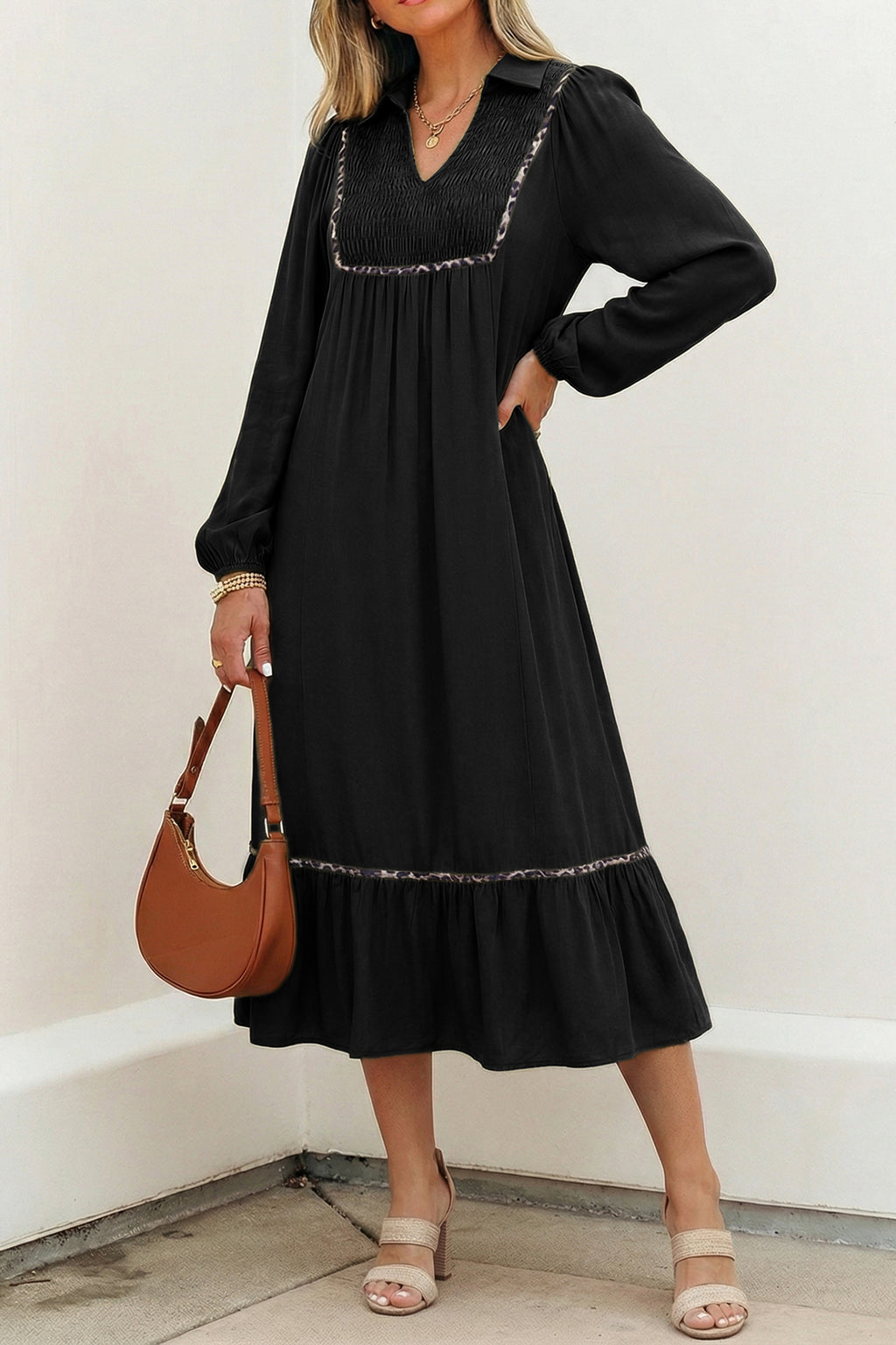 Women's Black Collared V Neck Smocked Detail Contrast Leopard Trim Bracelet Sleeve Long Dress at LivelyLooks