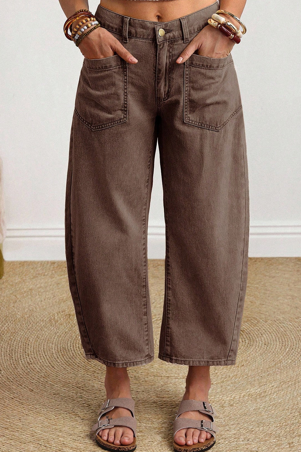 Women's Brown Barrel Leg Jeans Square Patch Pocket Ankle Length UK 4-16 at LivelyLooks