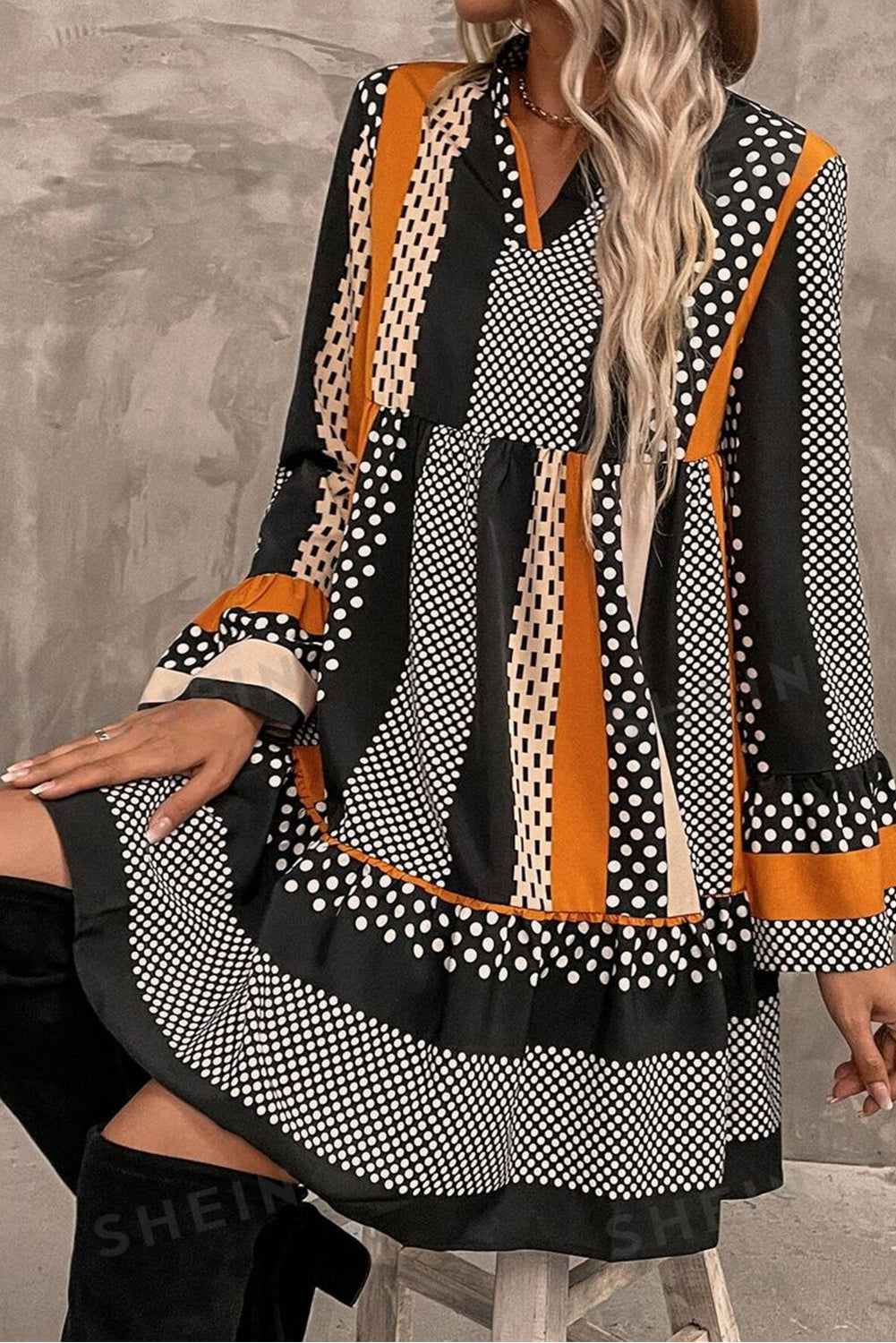 Black Striped Polka Dot Print Ruffle Hem V Neck Mini Dress S-XL