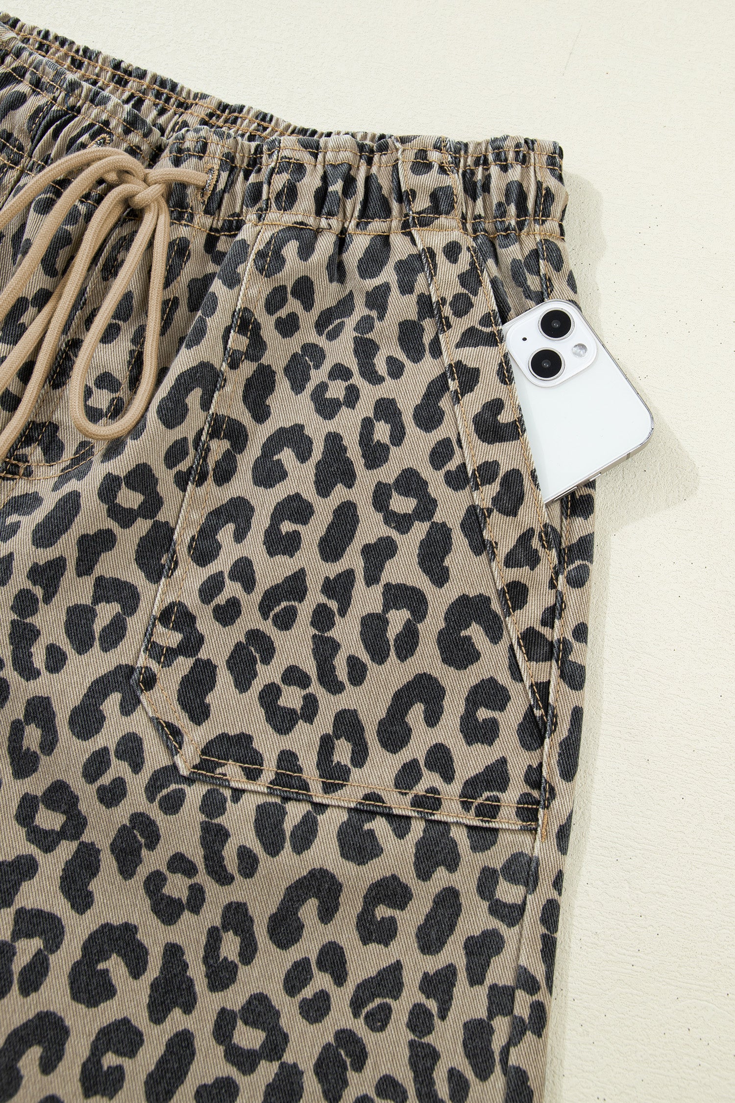 Women's Khaki Leopard Print Loose Denim Jeans Drawstring Elastic Waist UK 4-16