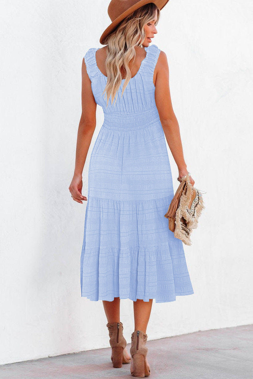 Shop Shirred Pleated Square Neck Sleeveless Midi Dress | S-XL at LivelyLooks