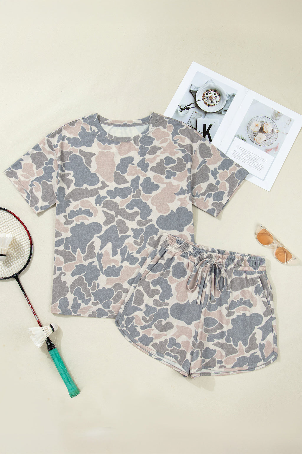 Multicolour Camouflage Loose Tee & Drawstring Shorts 2pcs Outfit