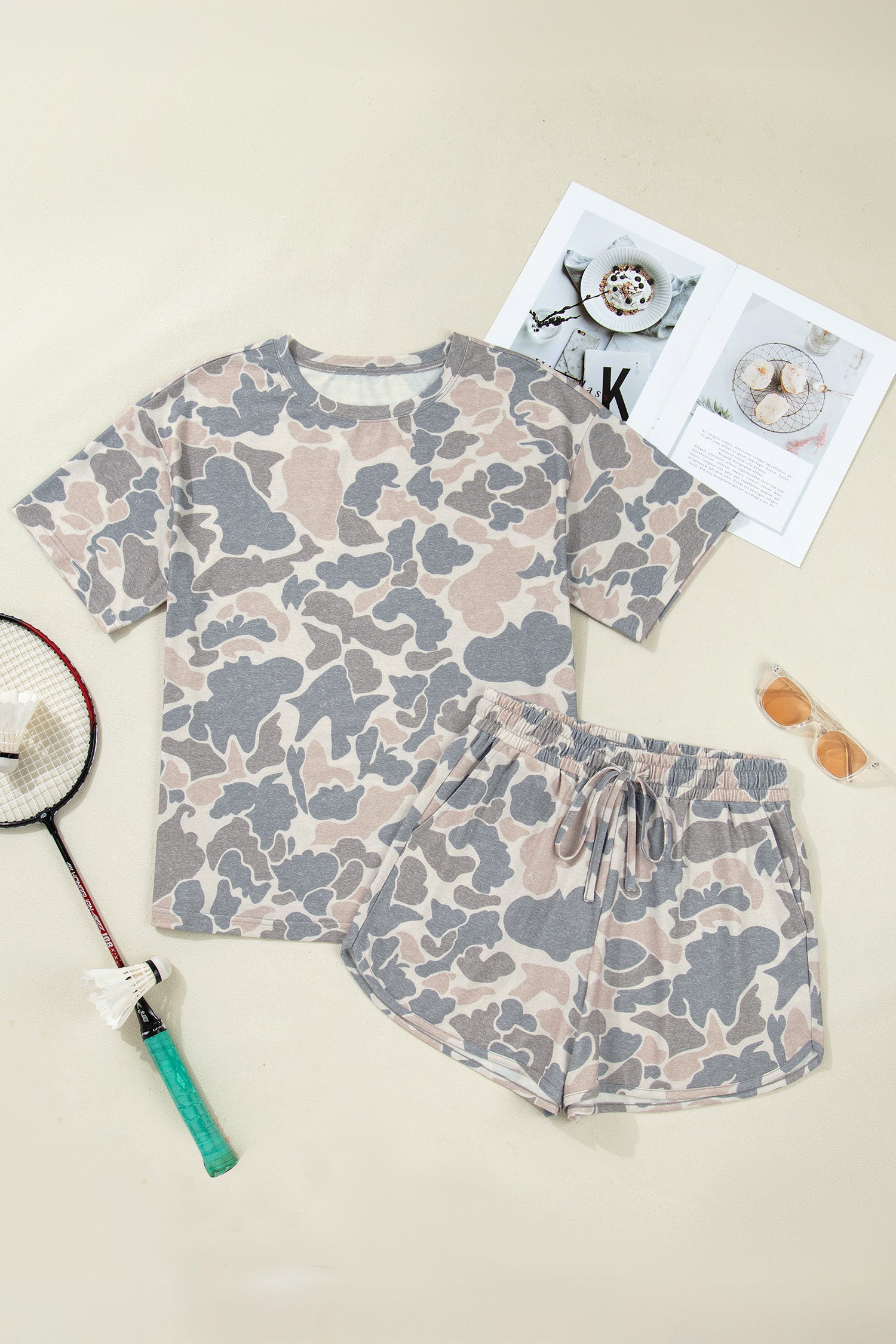 Multicolour Camouflage Loose Tee & Drawstring Shorts 2pcs Outfit