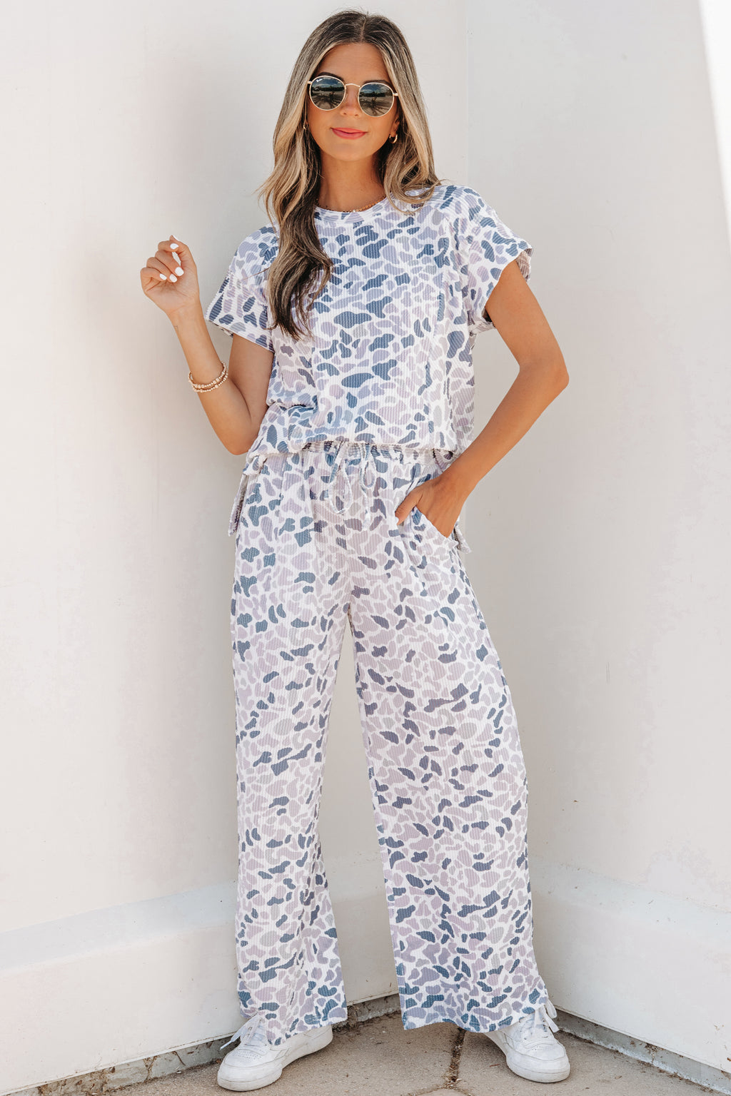 Beige Camouflage Print Twisted Rib Loose Tee & Drawstring Pants Set
