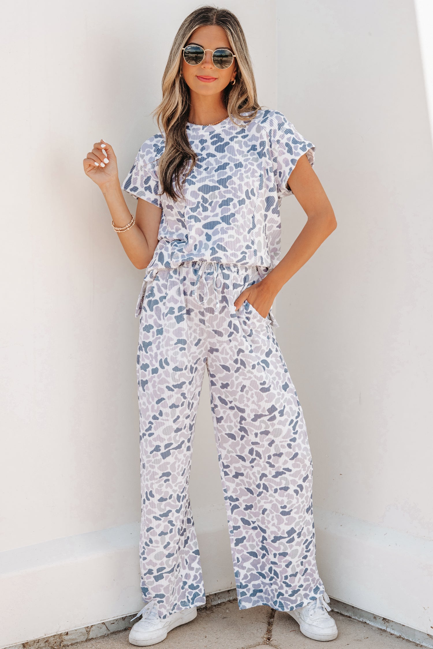 Beige Camouflage Print Twisted Rib Loose Tee & Drawstring Pants Set