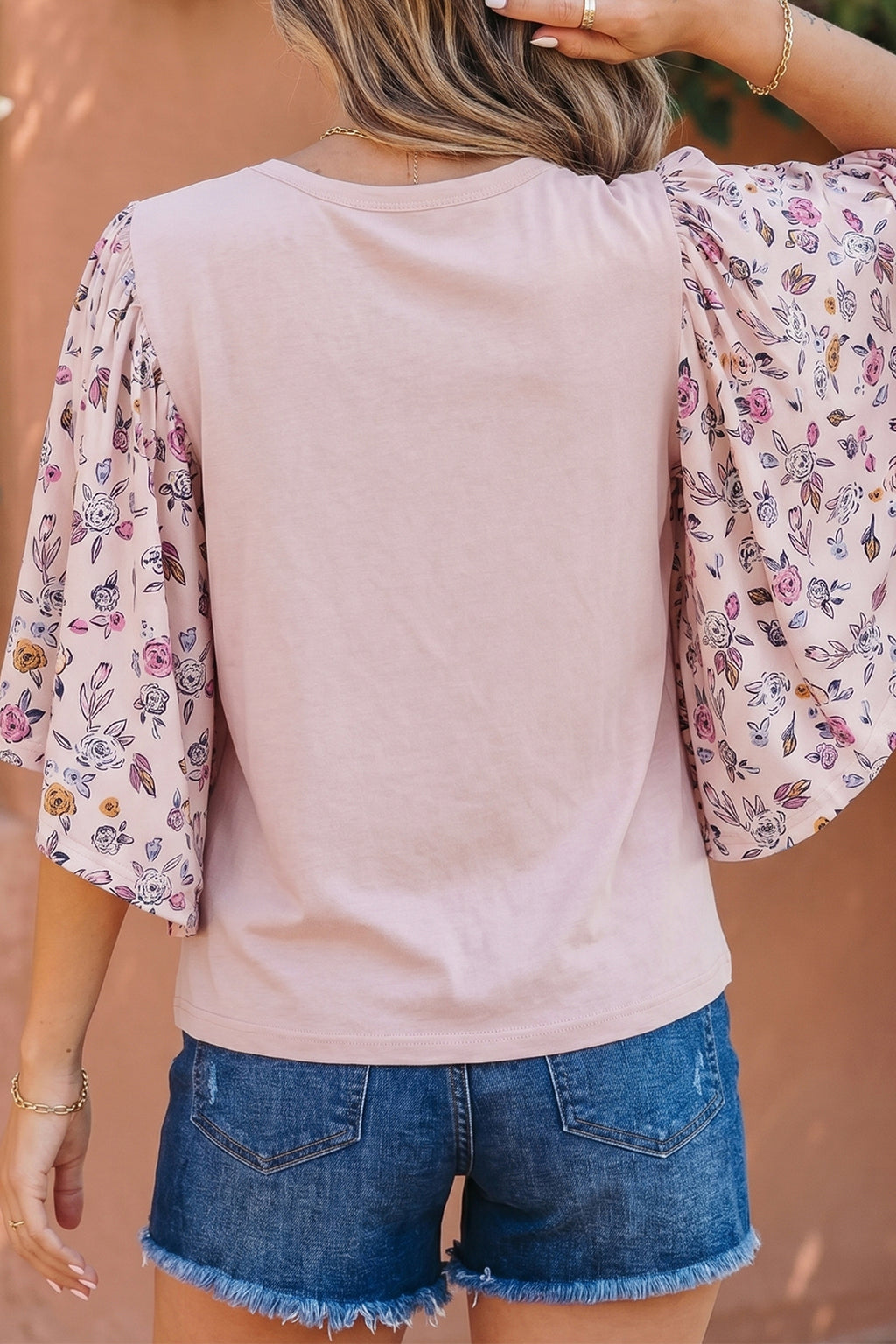Shop Pink Contrast Floral Patched Flowy Half Sleeve Blouse at LivelyLooks