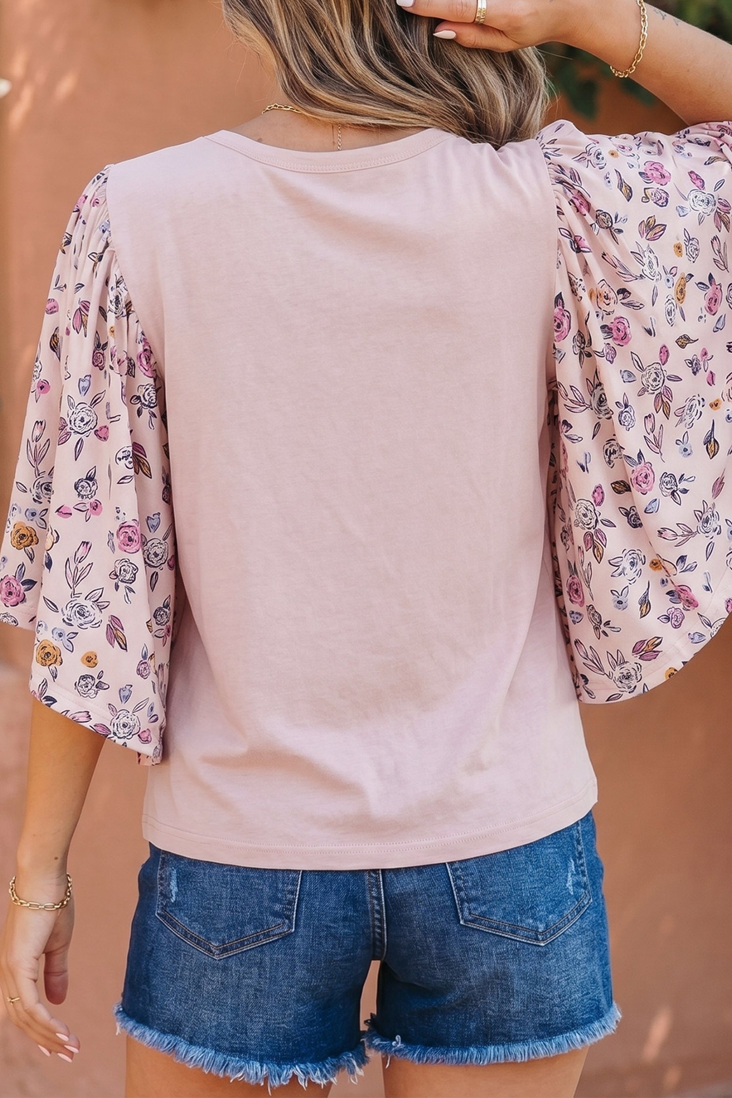 Shop Pink Contrast Floral Patched Flowy Half Sleeve Blouse at LivelyLooks