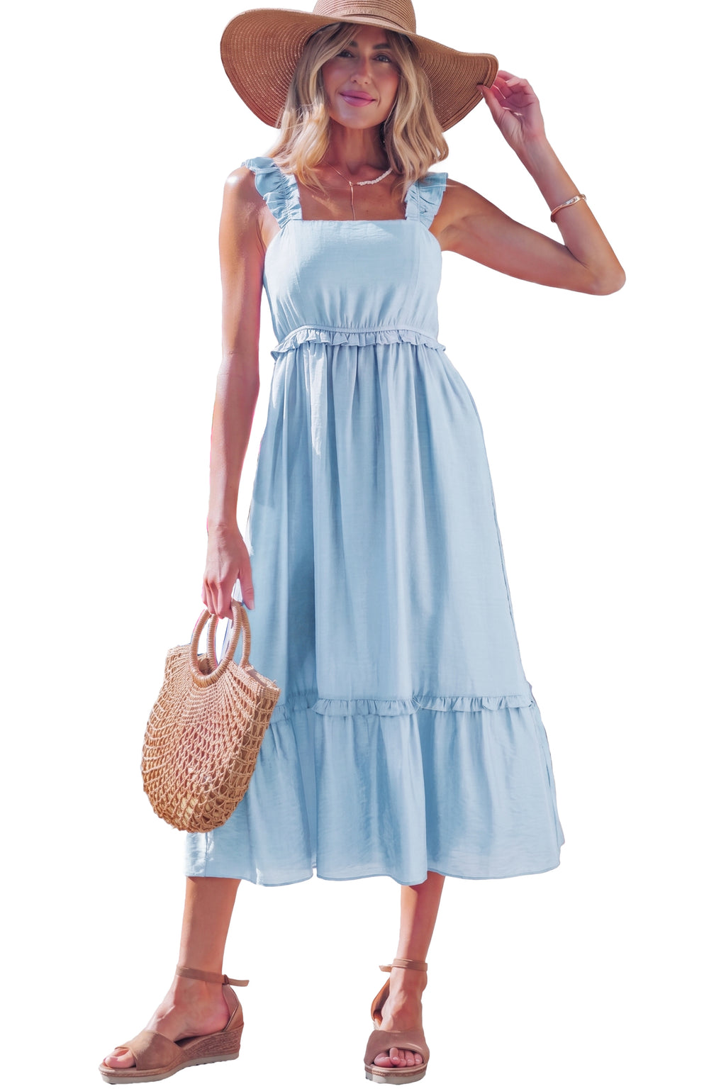 LivelyLooks Bonbon Solid Colour Ruffle Trim High Waist Sleeveless Maxi Dress women's fashion
