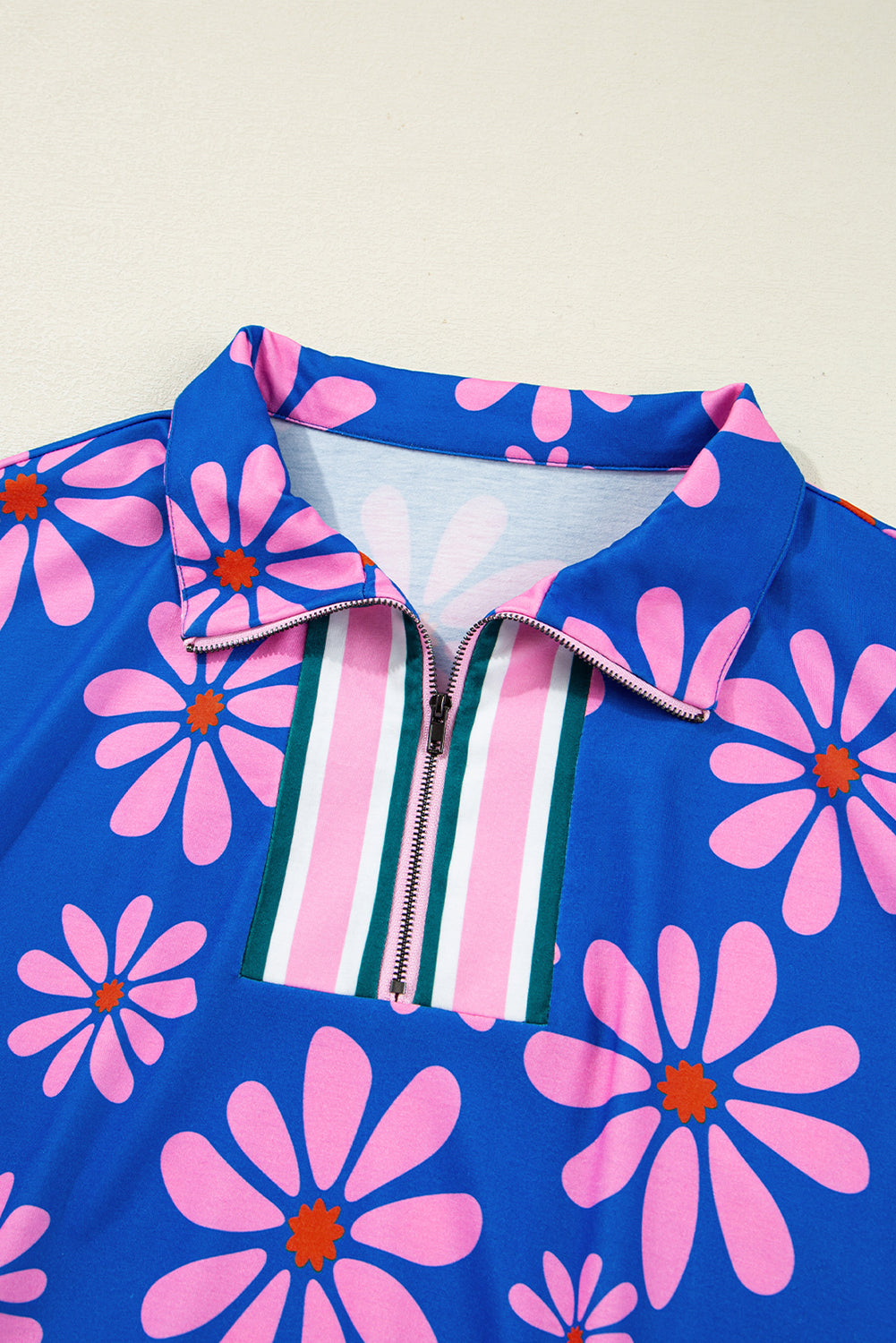 Purple Floral Striped Quarter Zip Cap Sleeve Drawstring Waist Mini Dress S-XL