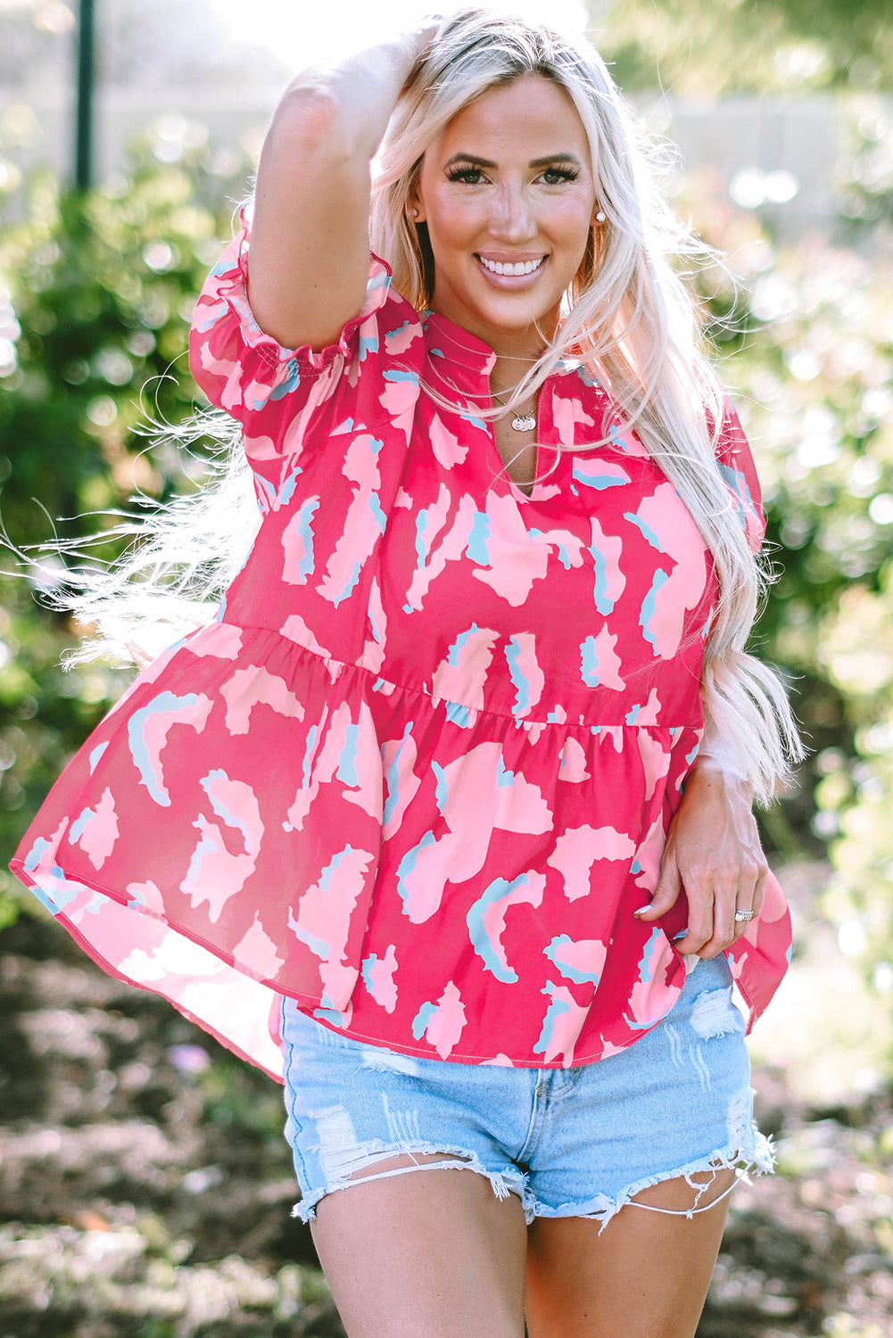 Shop Pink Abstract Print Smocked Puff Sleeve V Neck Blouse Summer Boho Holiday Top at LivelyLooks
