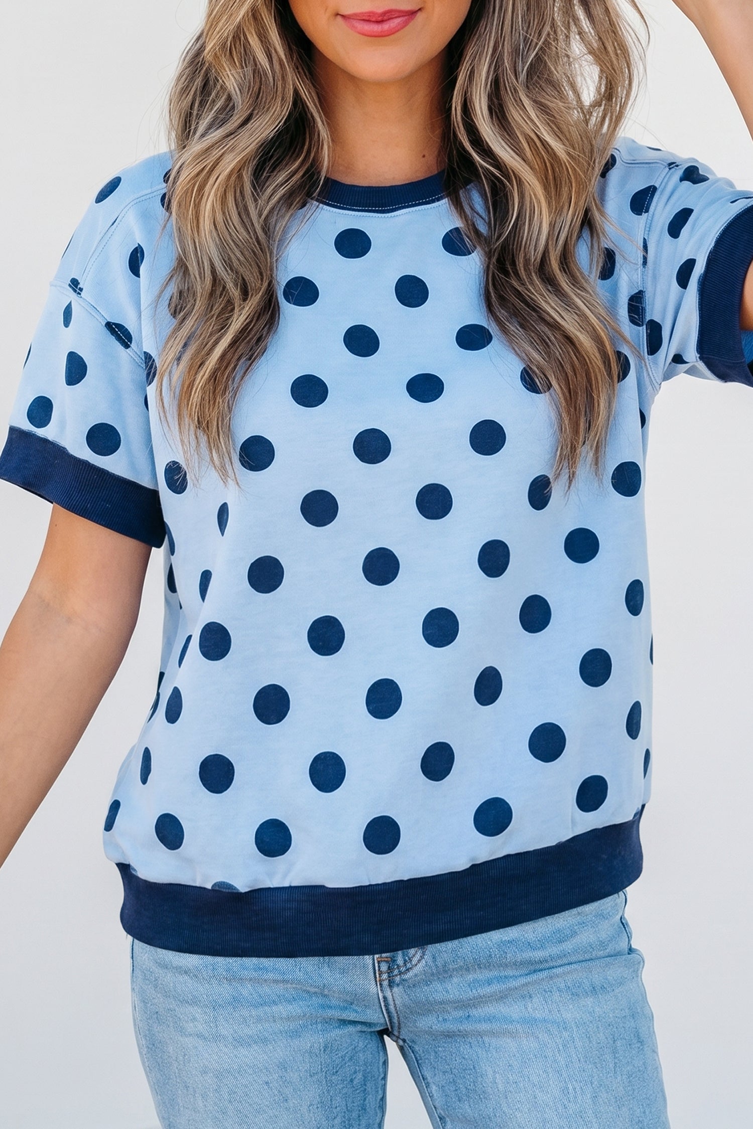 Shop Pink Color Block Trim Polka Dot Casual Tee at LivelyLooks