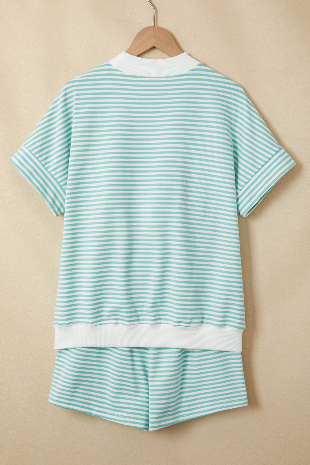 Striped Cuffed Sleeve Mock Neck Tee & Shorts Co-ord | Sky Blue, Pink & Green