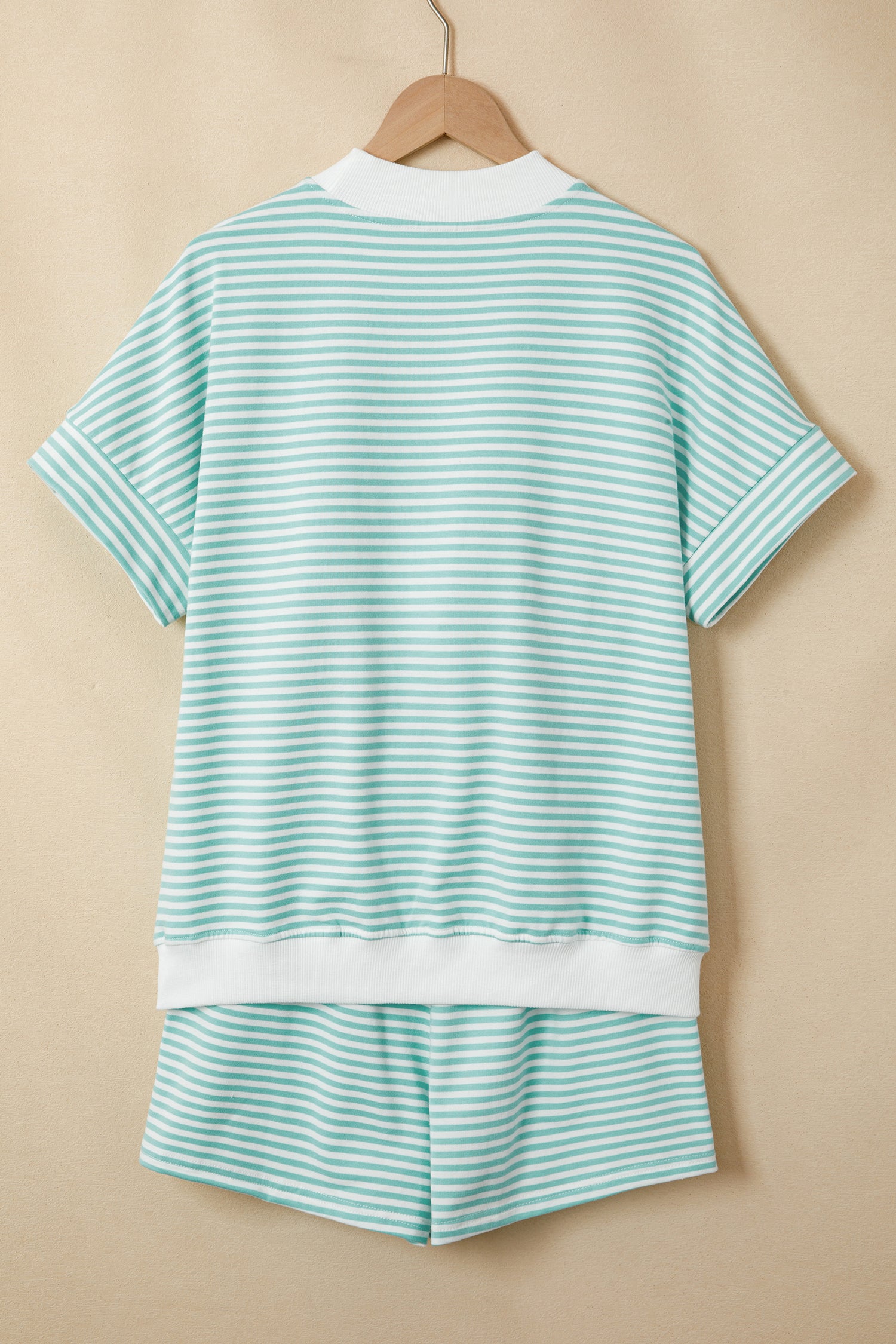 Striped Cuffed Sleeve Mock Neck Tee & Shorts Co-ord | Sky Blue, Pink & Green