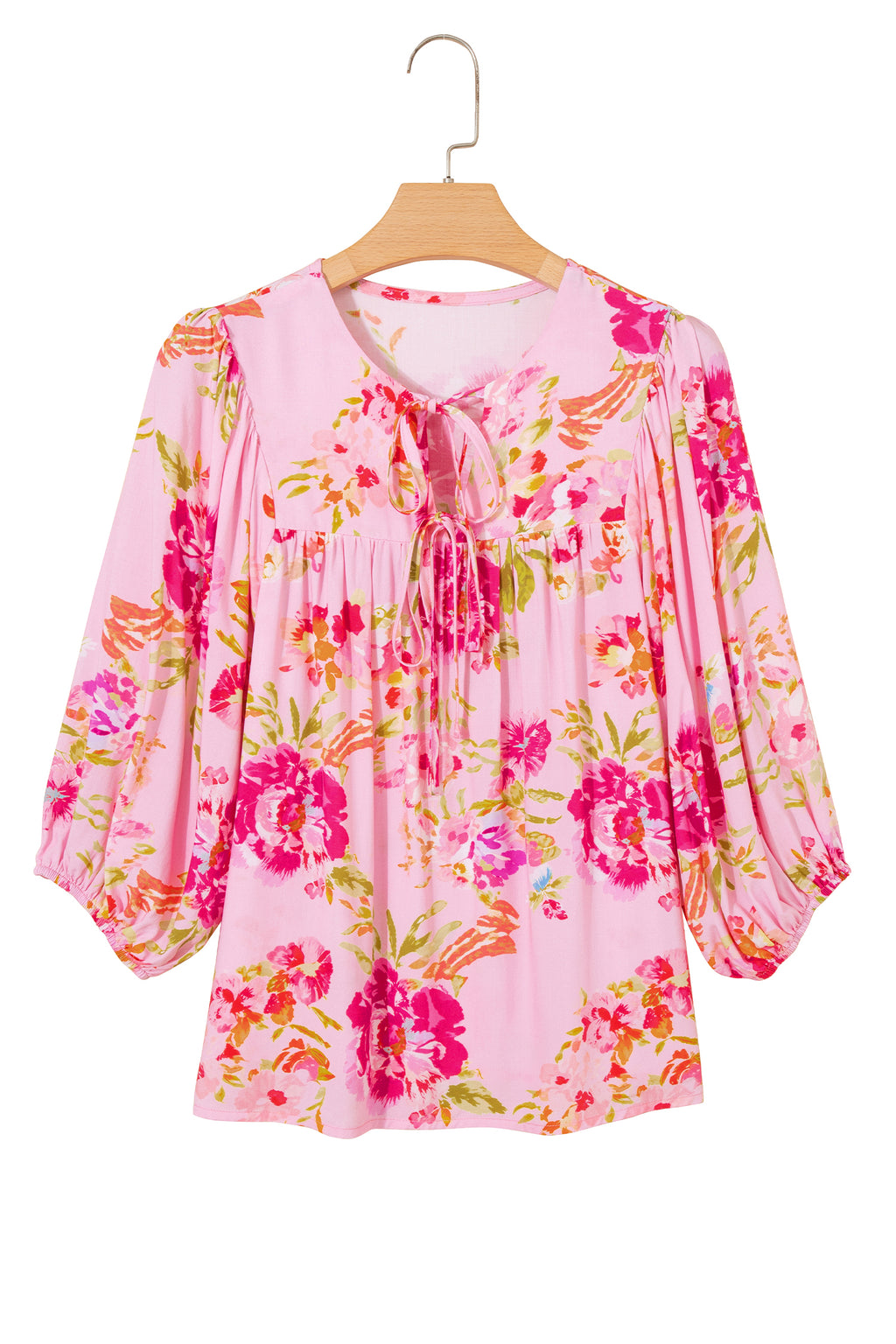 Women's Pink Floral Print Tie Neck Puffy Half Sleeve Blouse at LivelyLooks