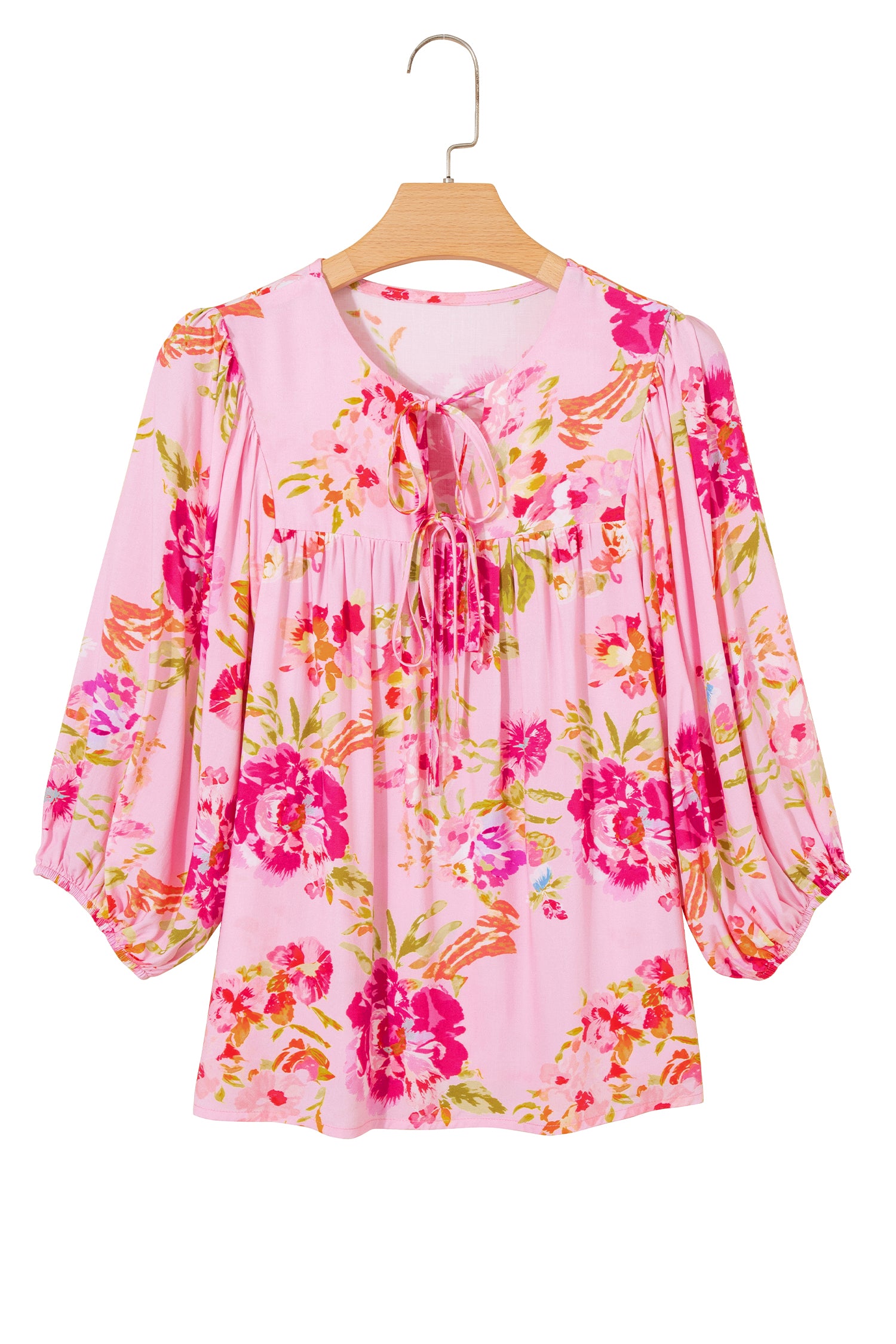 Women's Pink Floral Print Tie Neck Puffy Half Sleeve Blouse at LivelyLooks