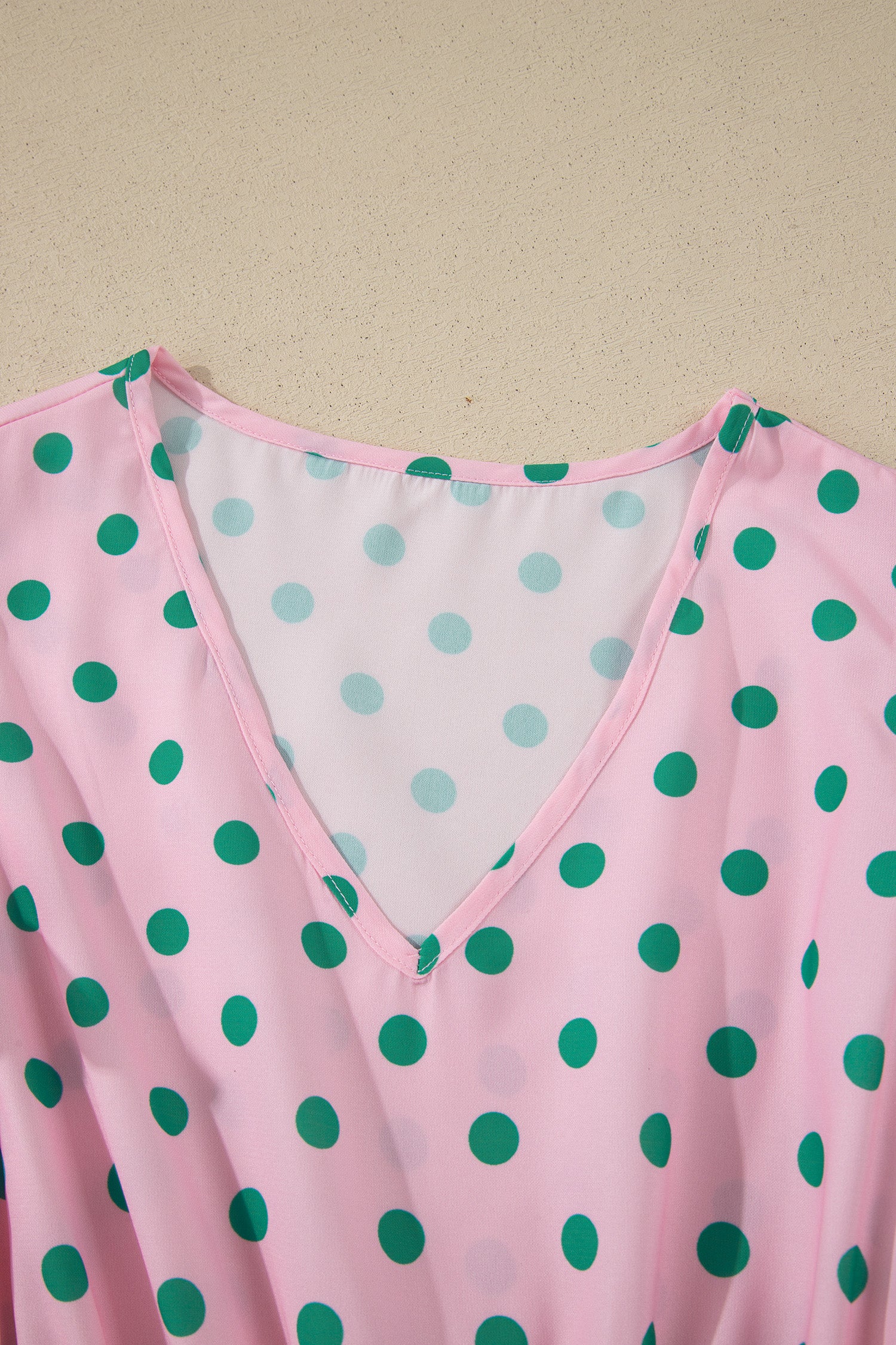 Shop Pink Polka Dot V-Neck Drawstring Tiered Babydoll Blouse at LivelyLooks