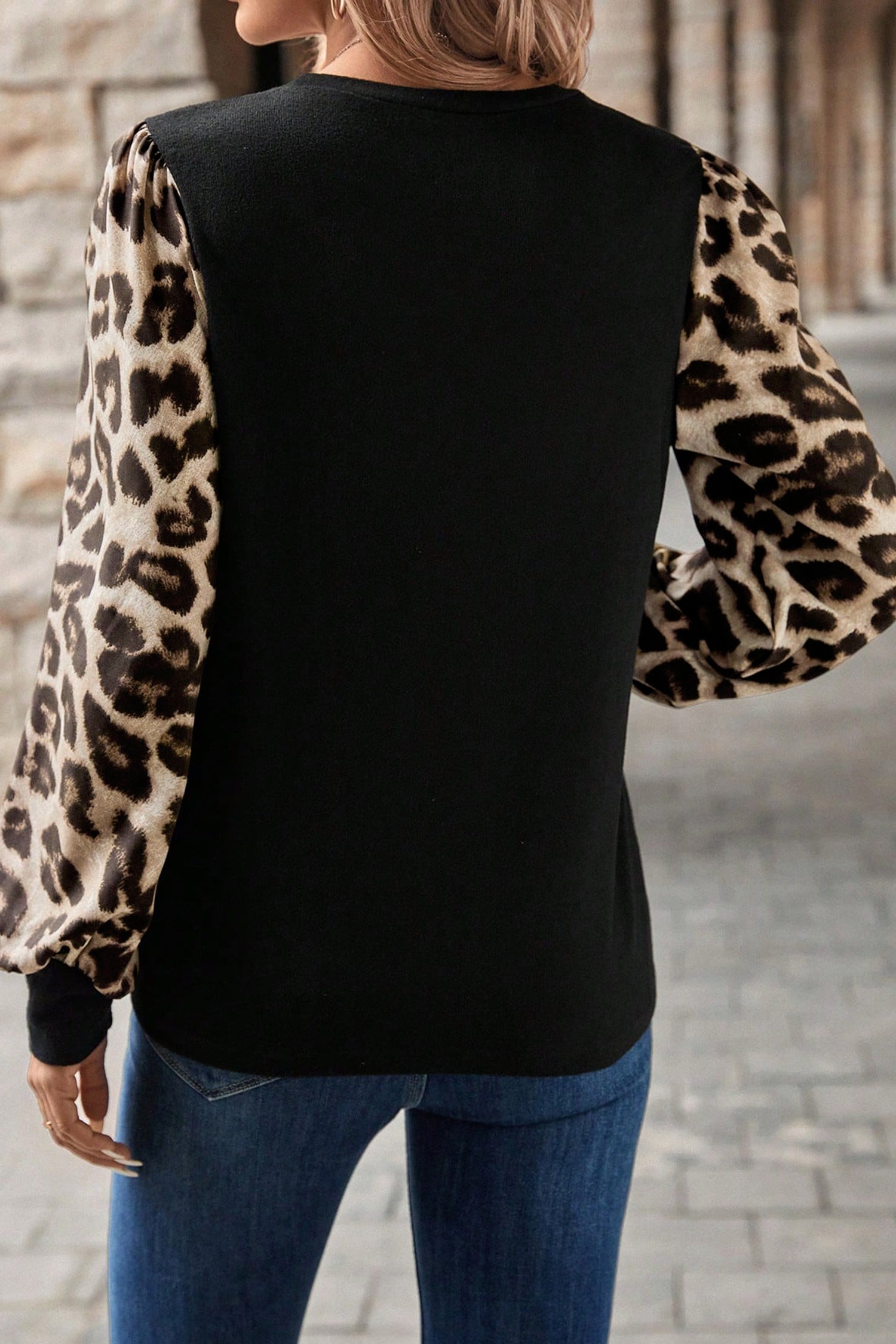Women's Khaki & Apricot Leopard Patchwork Puff Sleeve Top S-XL at LivelyLooks