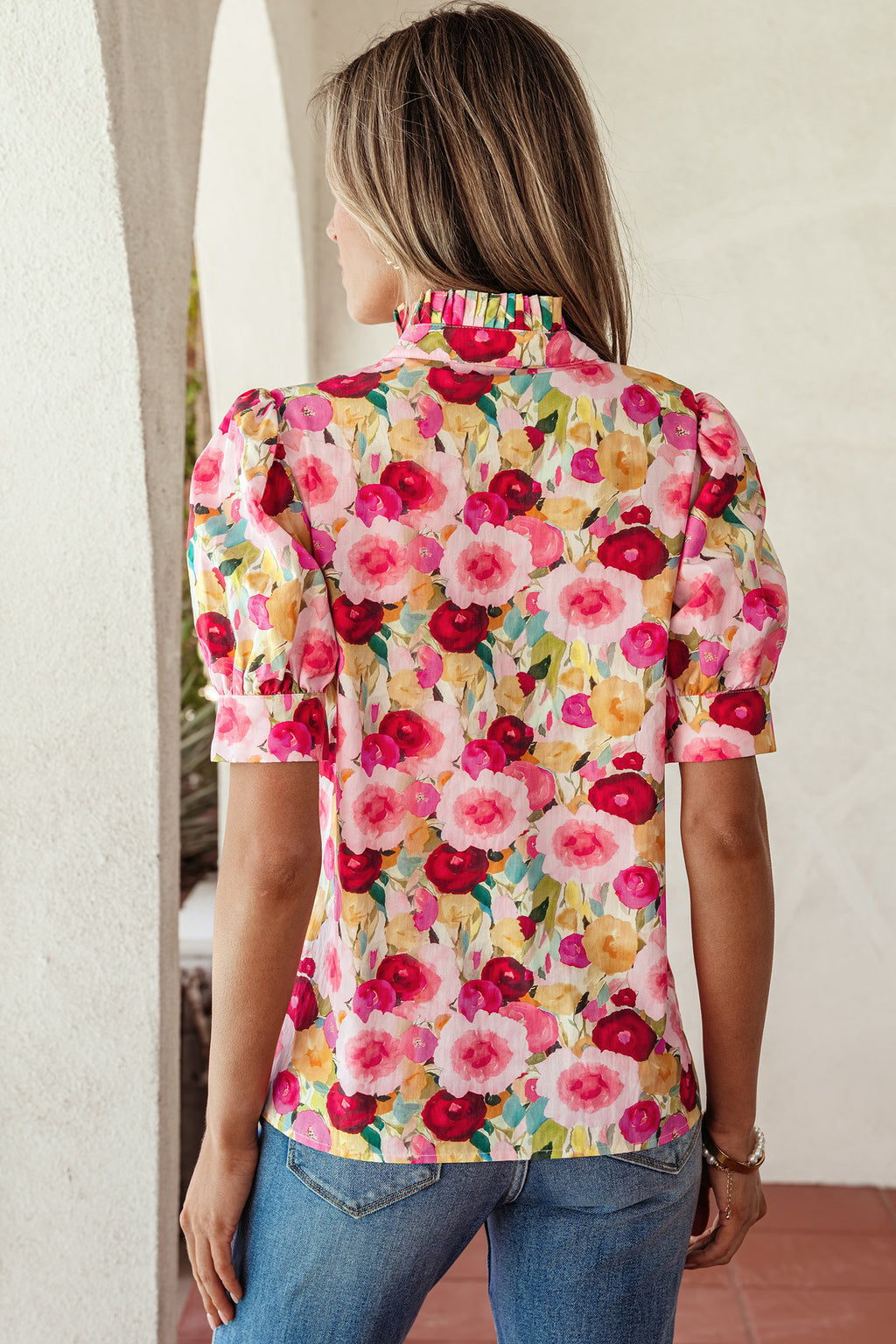 Pink Floral Frilled V Neck Puff Sleeve Blouse