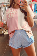 Beige Colour Block Flower Patch Loose T-Shirt | Casual Top