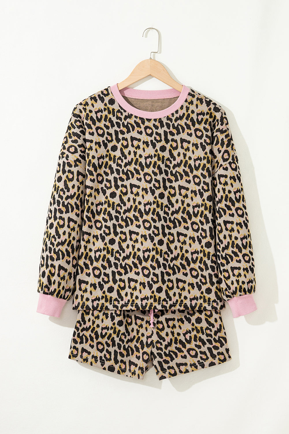 Women's Pink Leopard Print Long Sleeve Pullover & Shorts Set Women's S-XL at LivelyLooks