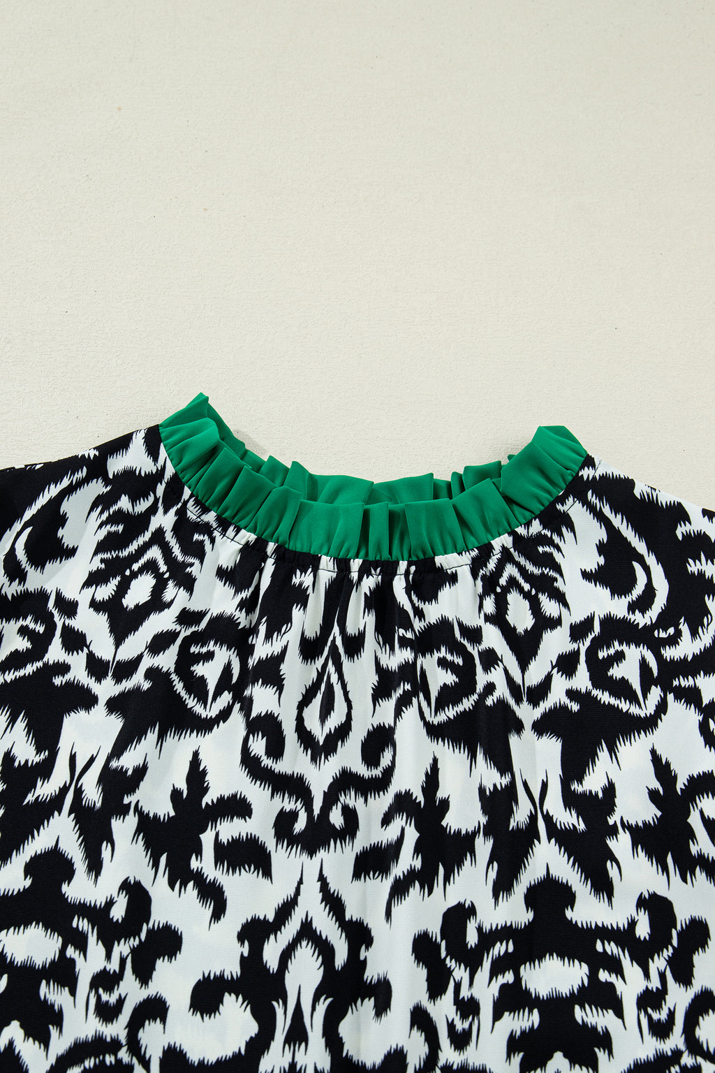 LivelyLooks Green Damask Print Ruffled Color Block Detail Half Sleeve Blouse women's fashion