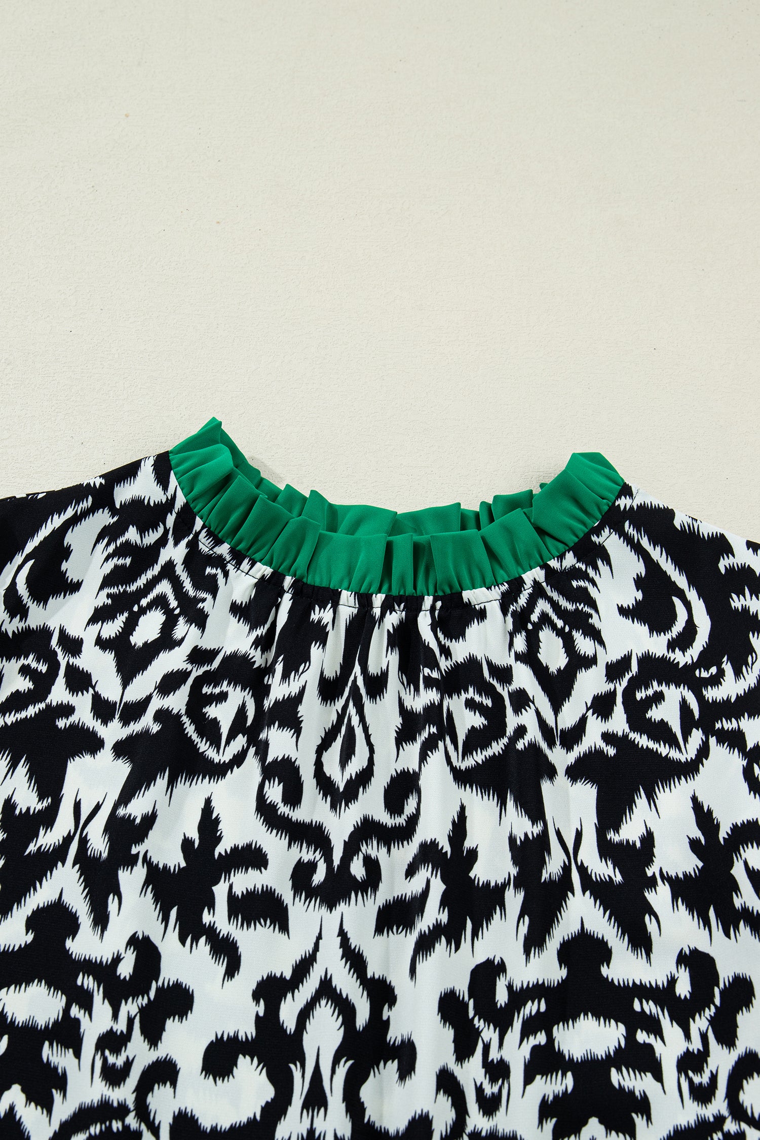 LivelyLooks Green Damask Print Ruffled Color Block Detail Half Sleeve Blouse women's fashion