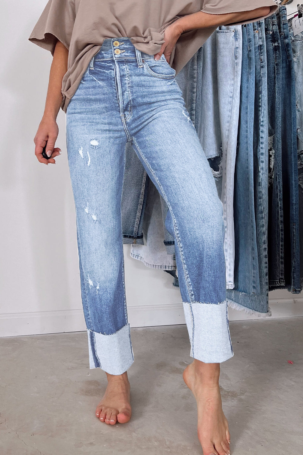 Shop Sky Blue High Waist Distressed Straight Leg Jeans UK 8-22 at LivelyLooks