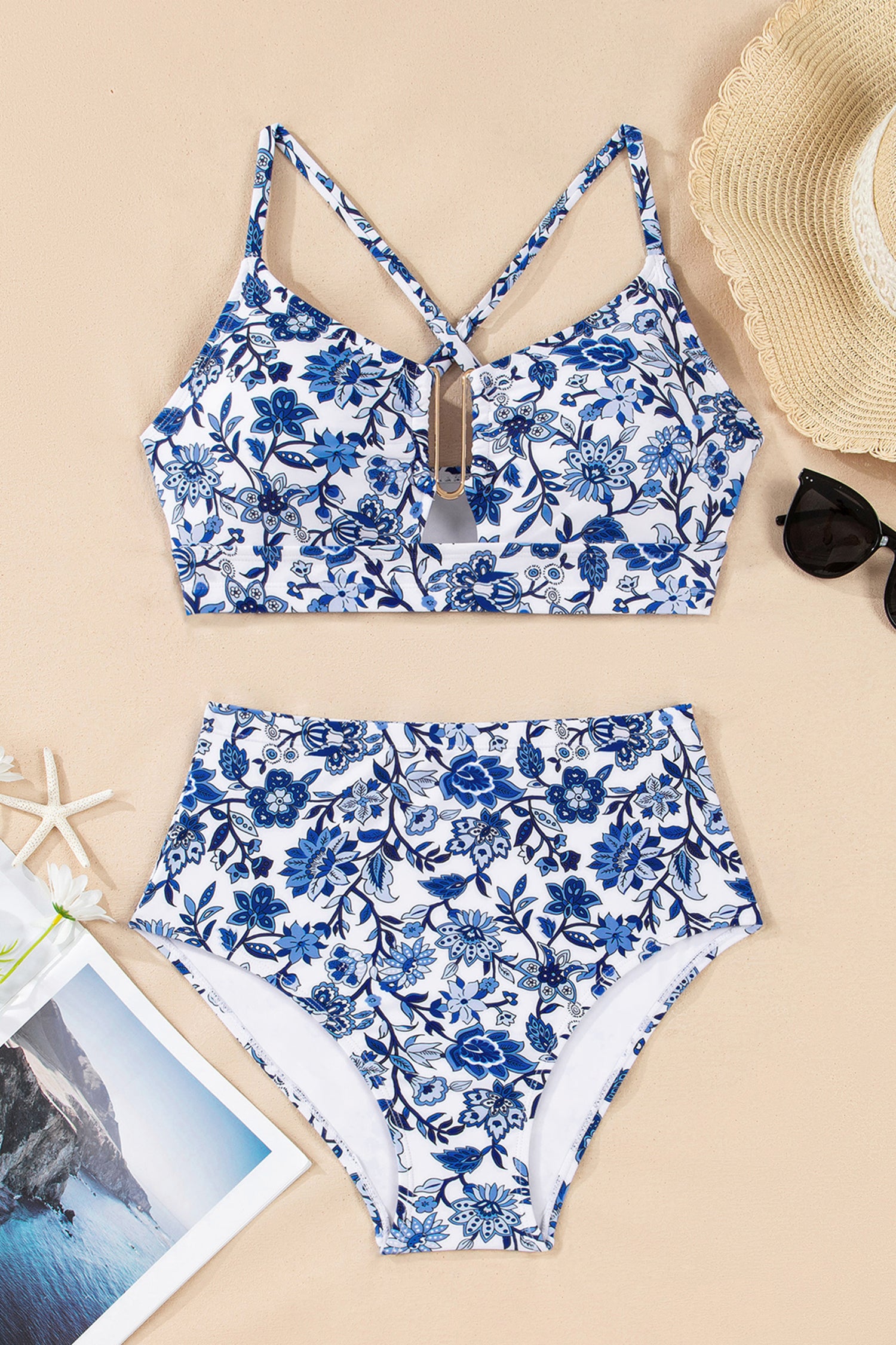 Blue Floral Print Hardware Accent Notched Neck High Waist Bikini Set