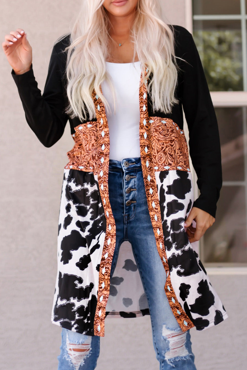 Women's Black Western Pattern Cow Patchwork Open Front Cardigan Knitwear Aztec Jumper Coat at LivelyLooks